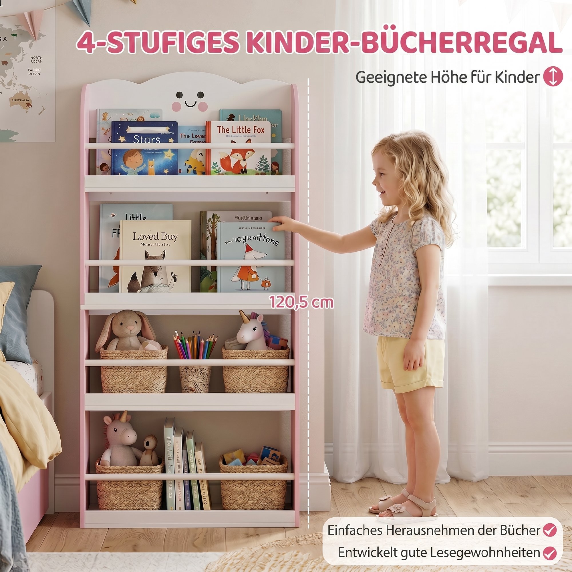 Kinderbücherregal mit 4 Etagen, Wandmontiertes Bücherregal für Kinderzimmer, Spielzimmer, Wohnzimmer, Rosa