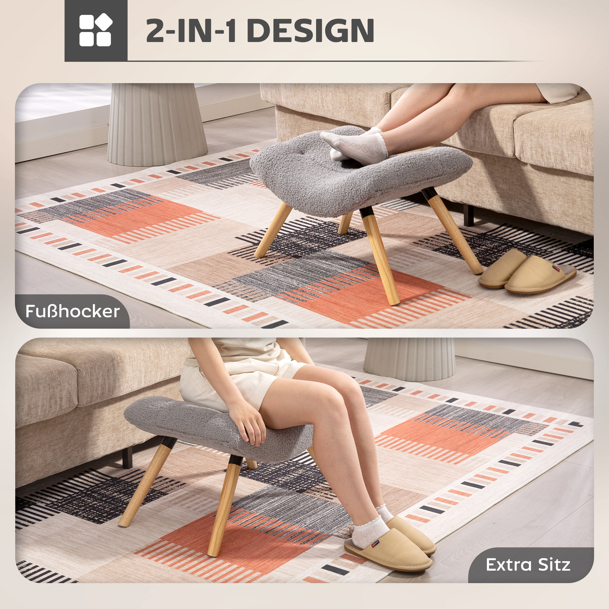 Moderner Fußhocker mit Fleece-Bezug und Holzbeinen, gepolstert, für Wohnzimmer, Schlafzimmer, Flur, Hellgrau