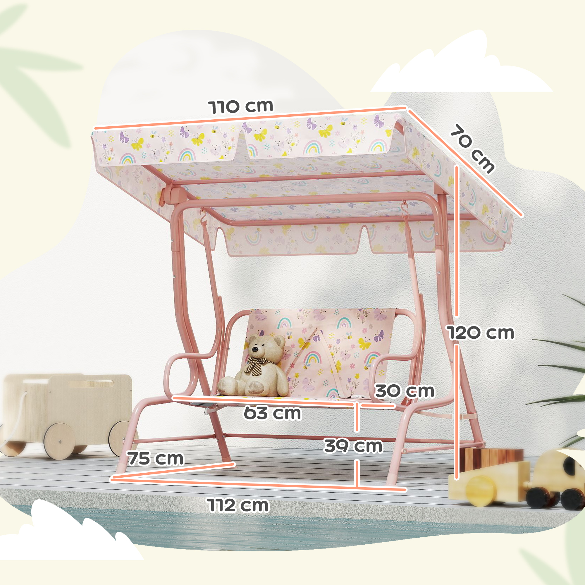 Hollywoodschaukel für Kinder, Stahlrahmen, 2-Sitzer, 60 kg belastbar, Rosa