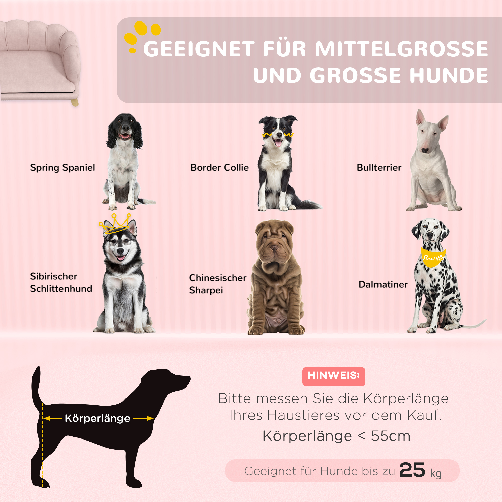 Haustiersofa für mittelgroße und große Hunde bis 25 kg, robustes Holz, gepolstert, Rosa