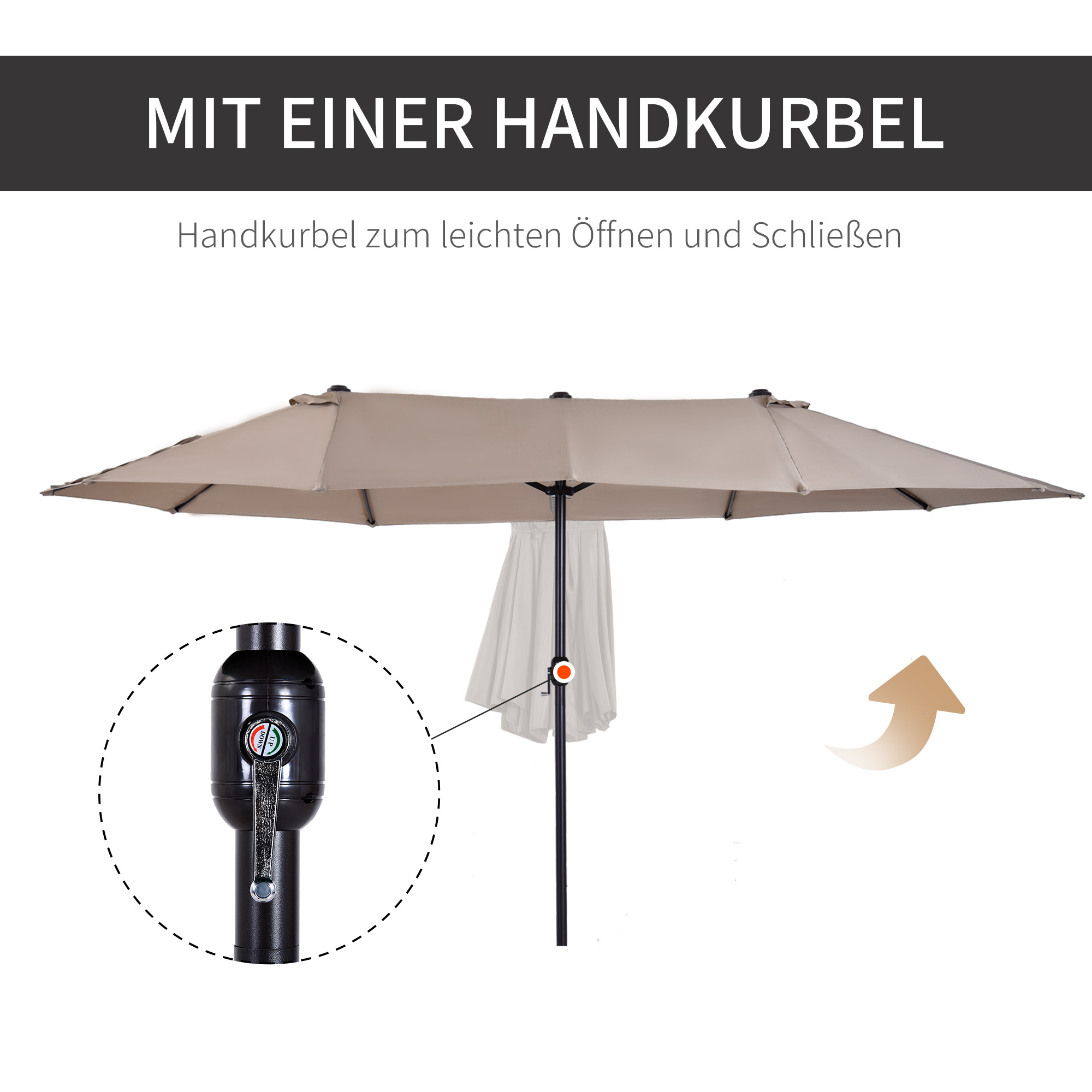 Doppelsonnenschirm 455 x 270 cm Gartenschirm mit Handkurbel oval stabil Metallstange Marktschirm Doppelsonnenschirm Terrassenschirm Sonnenschutz für Strand Balkon Terrasse Garten Hellkaffee