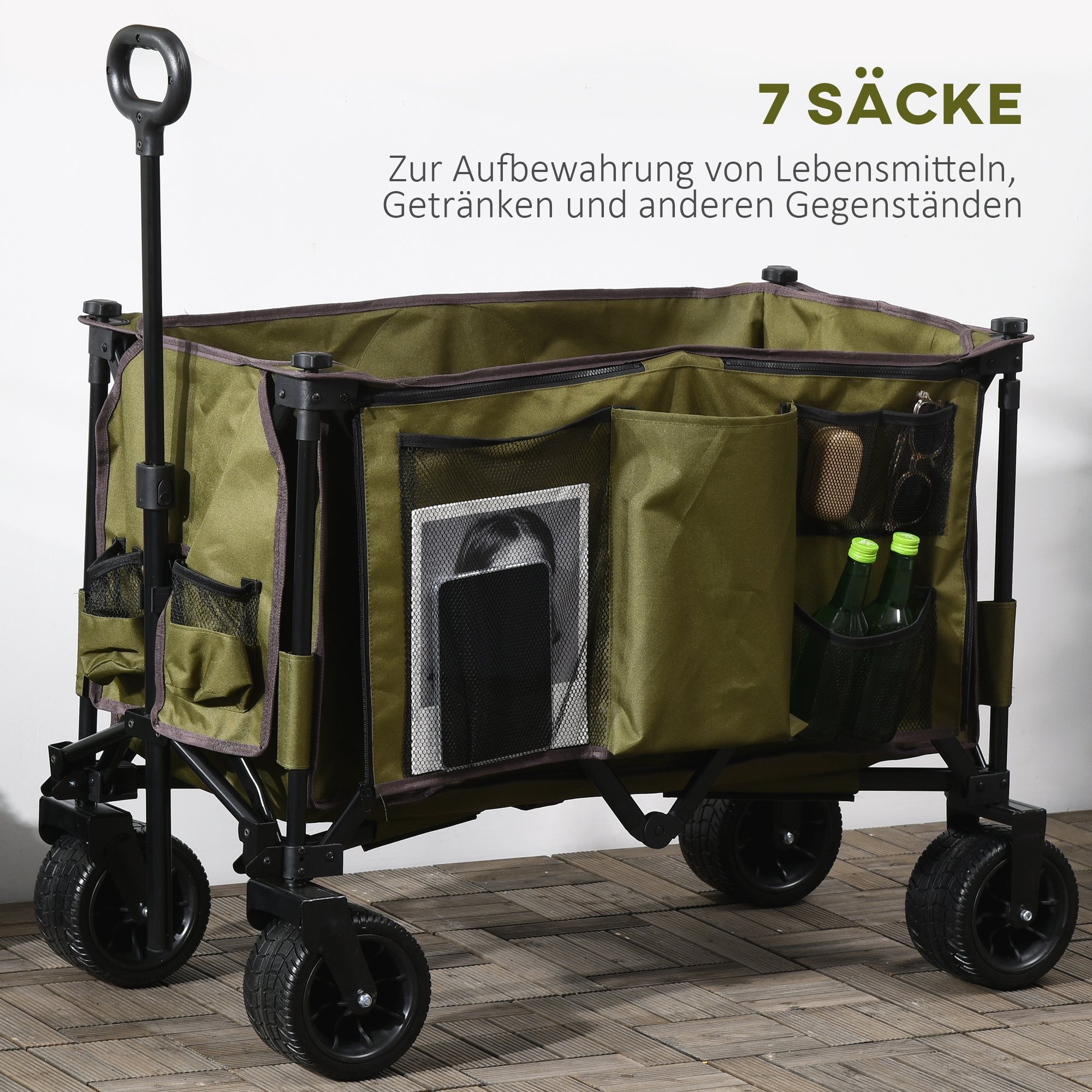 Bollerwagen, klappbar, 7 Seitentaschen, verstellbarer Griff, bis 120 kg, Stahl, grün, 100 x 48 x 100,5 cm