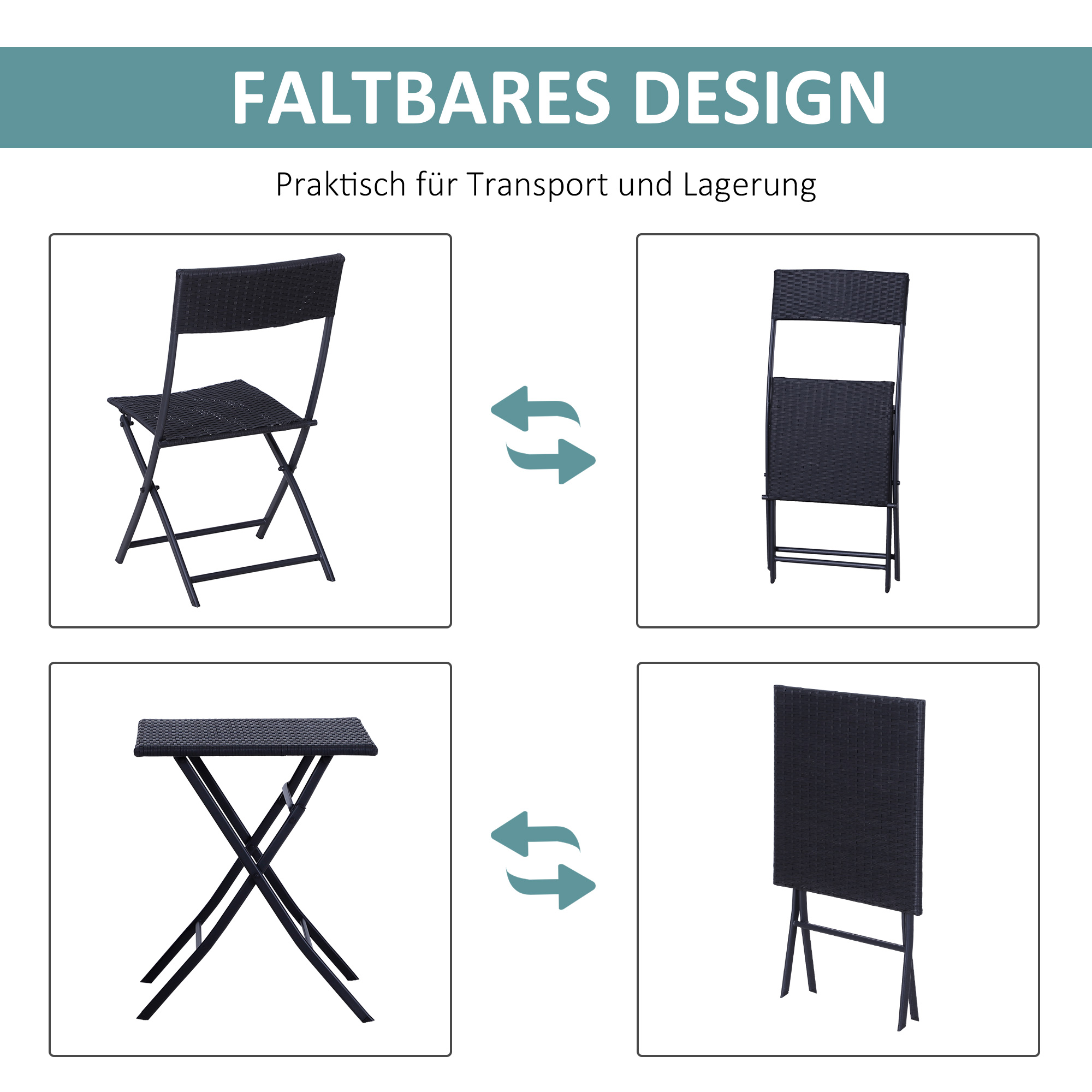 Polyrattan Bistroset für 2 Personen Sitzgruppe Rattan Gartenmöbel Set Garnitur Schwarz