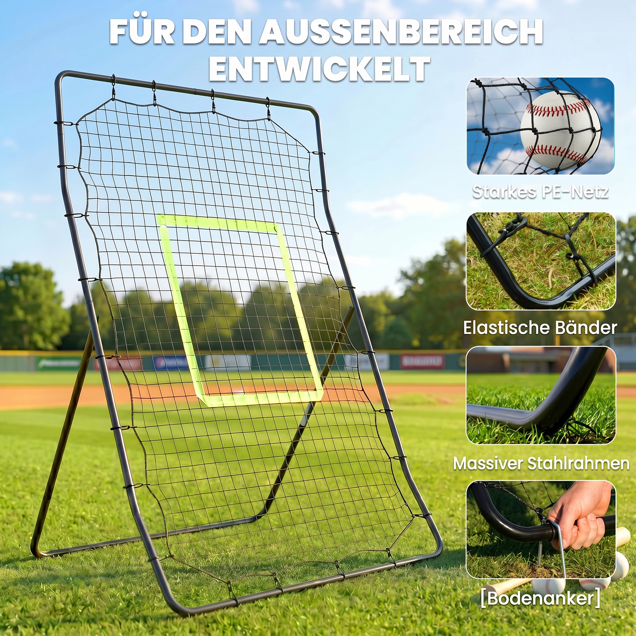Baseball-Rückprallnetz, wetterbeständig, Metallrahmen, grüne Trefferzone, 174H x 123B x 90T cm