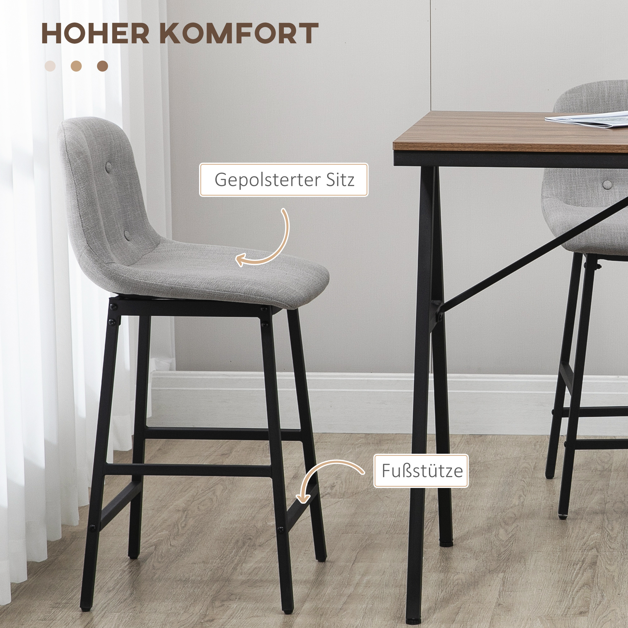Bartisch mit Barhockern im Industrie-Design, Knopfheftung, 120 cm x 60 cm x 91 cm, Hellgrau