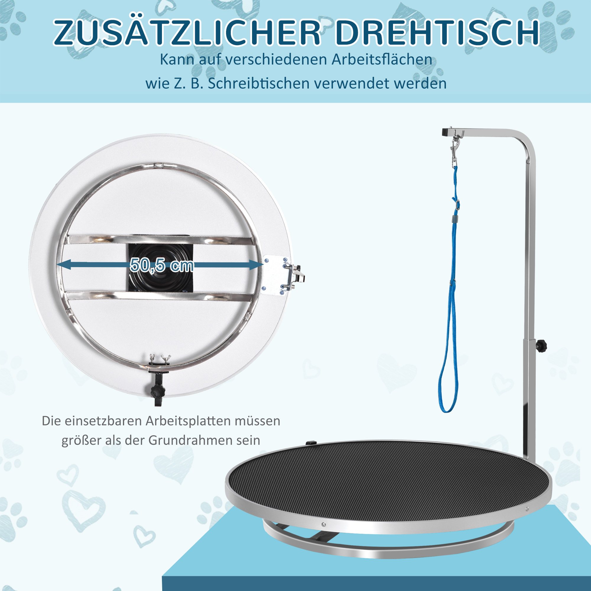 Trimmtisch für Hunde drehbar Hundepflegetisch mit höhenverstellbarem Galgen Schlinge rutschfest Oberfläche Haustierpflegetisch für Haushaltsbaden Haartrocken bis 40 kg Ø65 x 72H cm Schwarz