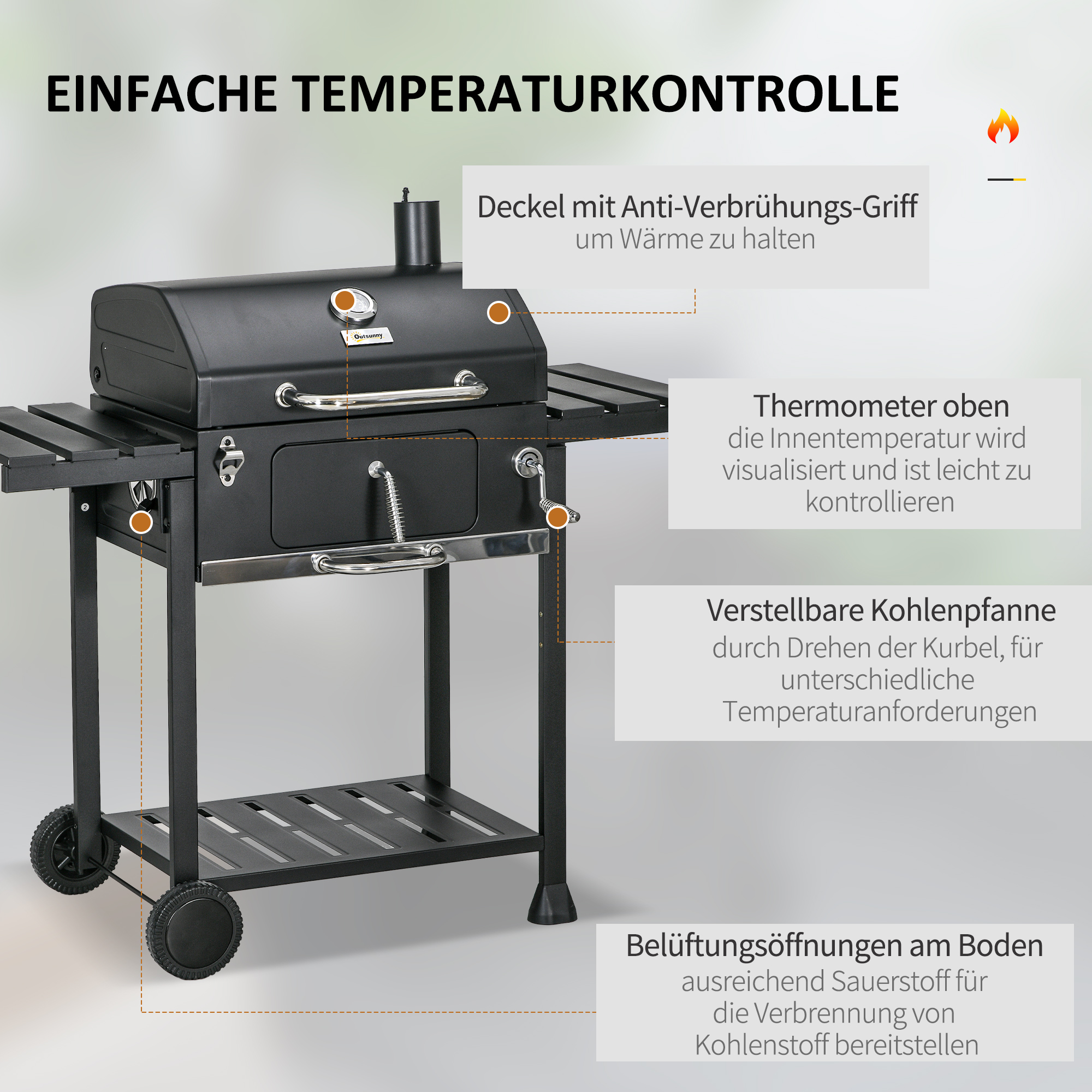 Kohlegrill BBQ-Grill Smoker, inkl. Thermometer, Flaschenöffner, 120 x 64 x 114 cm, Schwarz