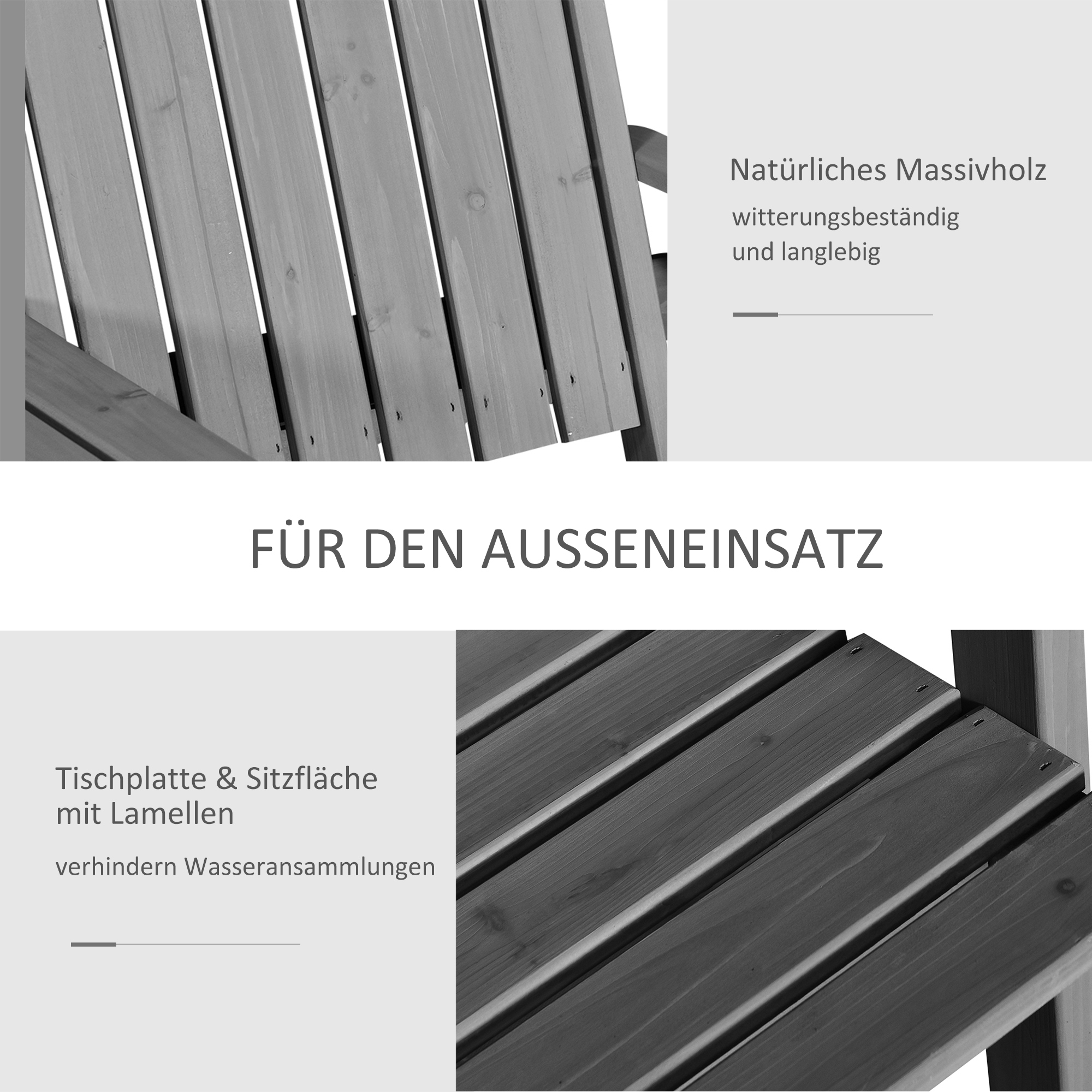 Gartenbank mit Tisch, Sitzgruppe, Gartenmöbel, mit Regenschirmloch, Sitzbank, 2 Stühle, Massivholz, Grau, 152 x 70 x 83 cm