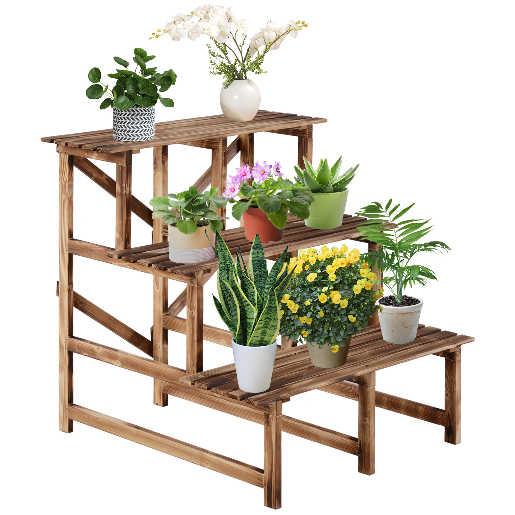 Pflanzentreppe, Blumentreppe, Blumenregal, Pflanzregal, Blumenständer, 3 Stufen, Tannenholz, 80 x 80 x 78cm