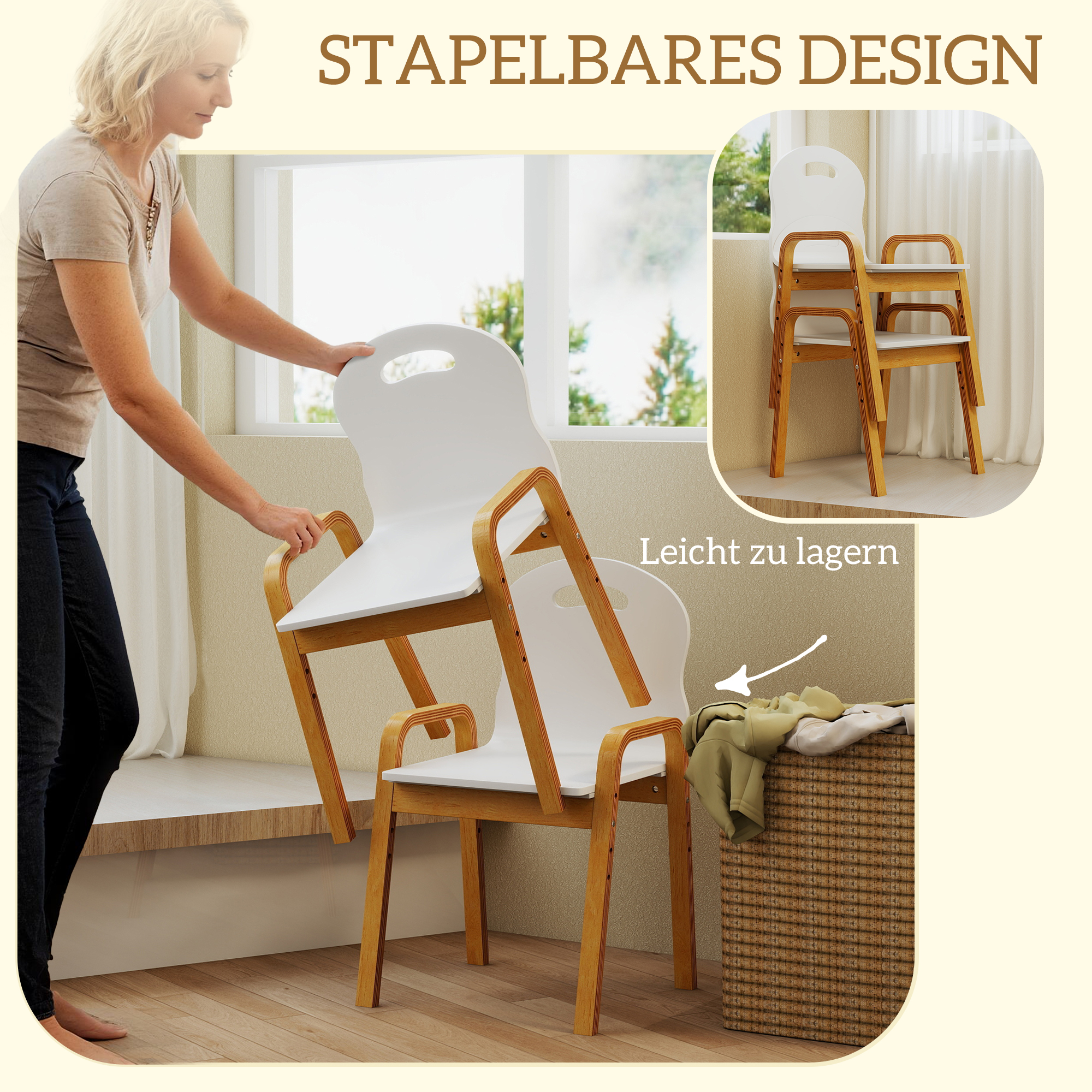 Holzstuhl-Set für Kinder, rutschfeste Fußpads, 3-15 Jahre, höhenverstellbar, Weiß