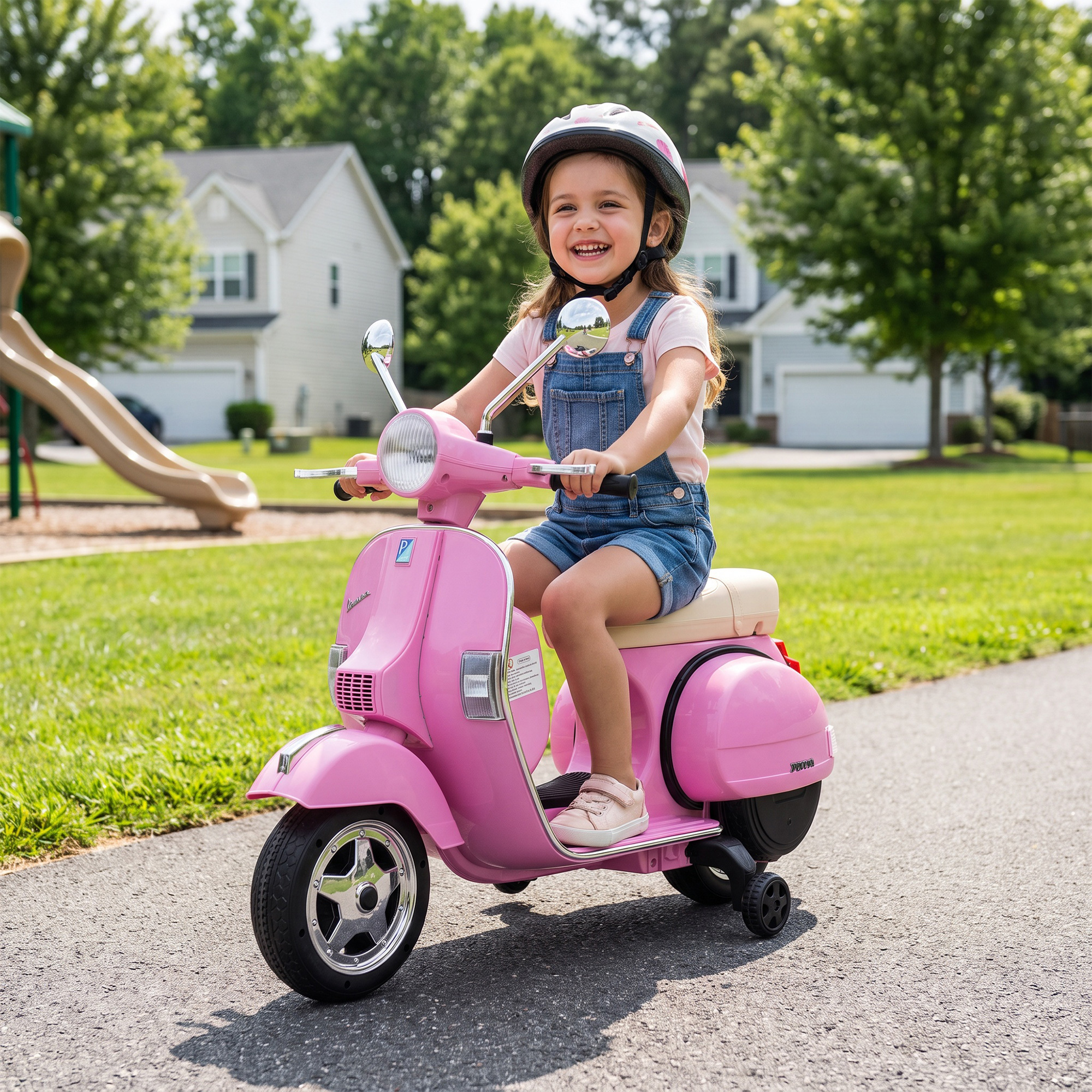 Elektro Motorrad Kinder Vespa PX150 12V Elektromotorrad mit Lithium Akku 35W 2 Motoren 25° Lenkbegrenzung für 3-6 Jahre