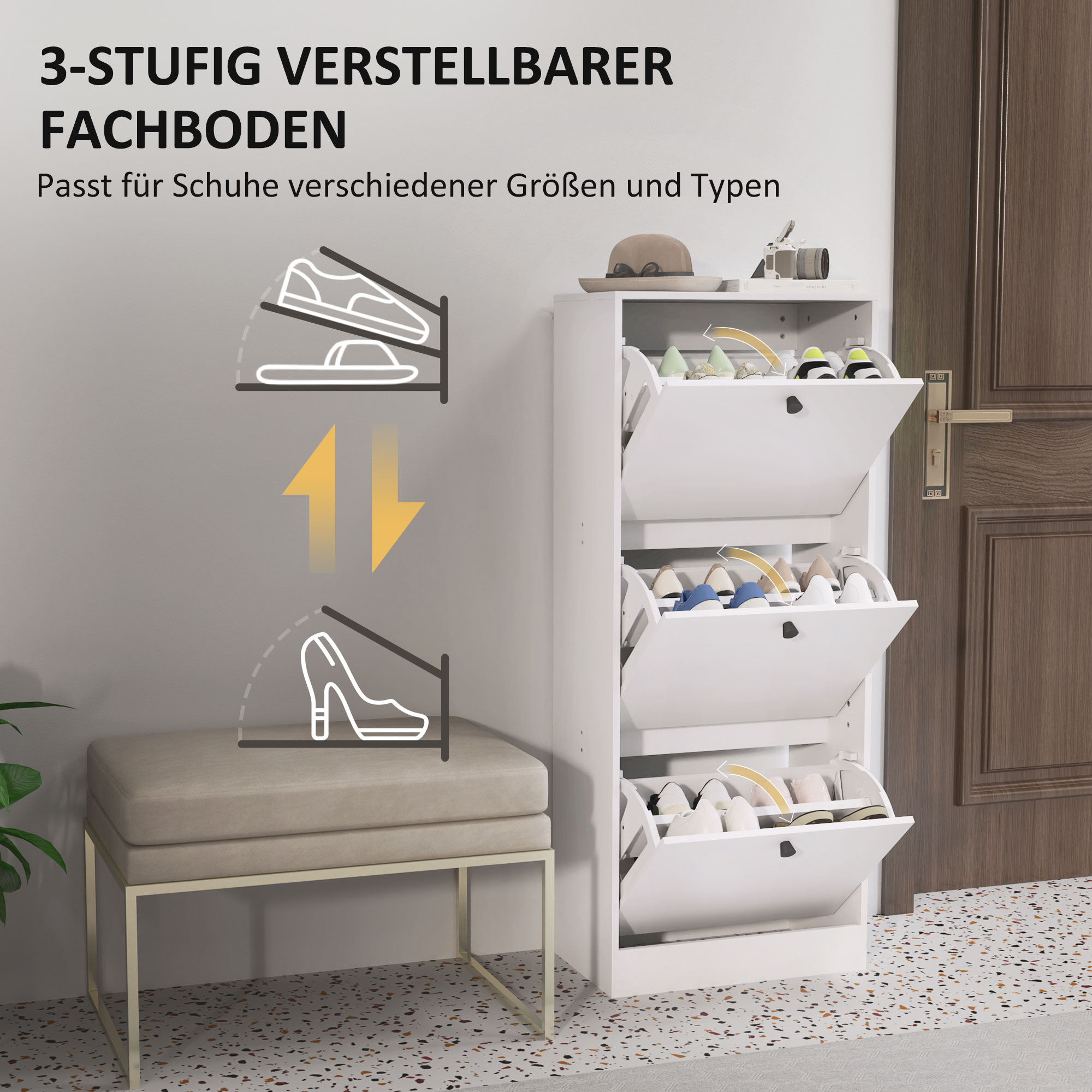 Schuhschrank, Schuhregal, 3 Klappfächer, verstellbar, Spanplatte, Weiß