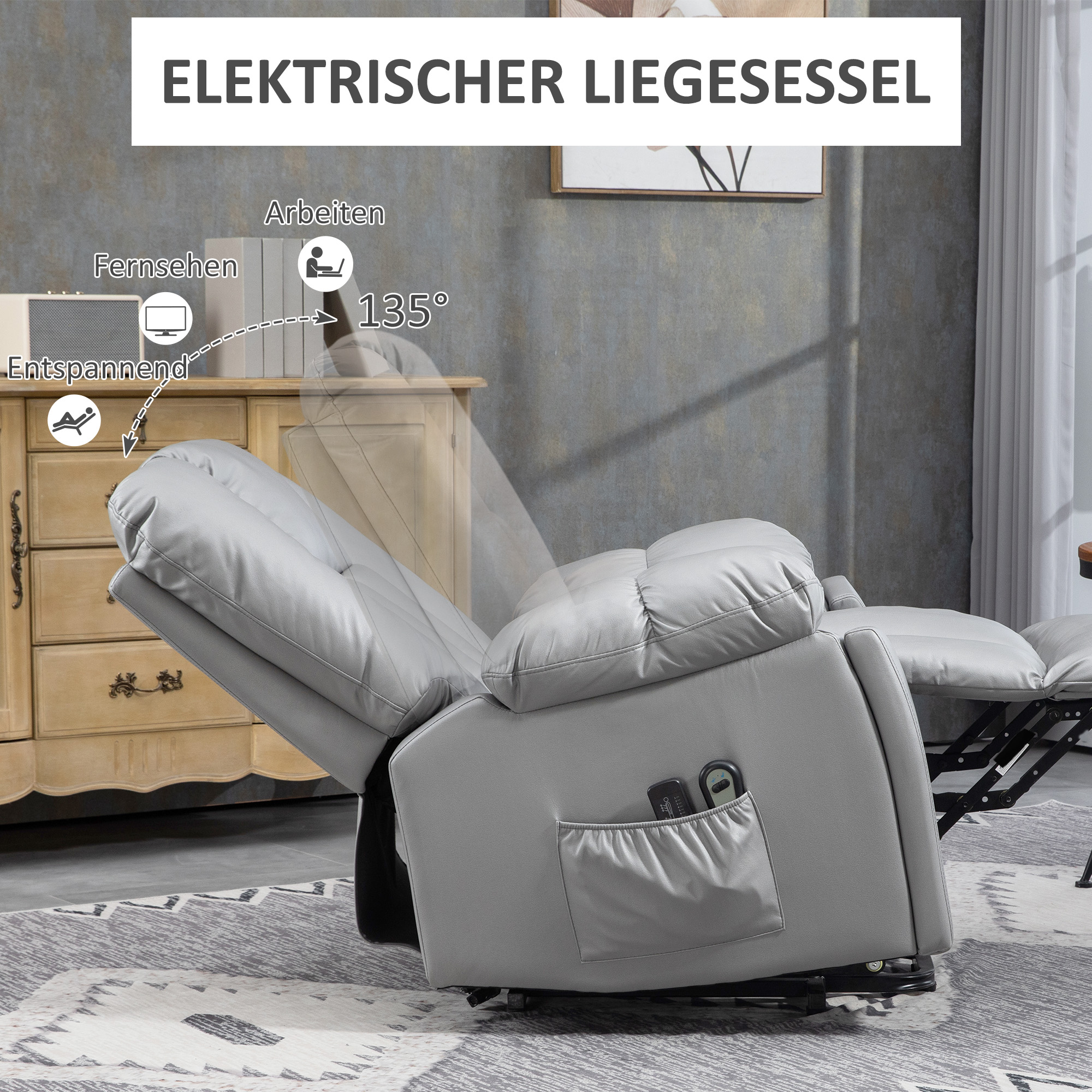 Massagesessel Relaxsessel Seniorensessel, Fernbedienung, Seitentaschen, 94 cm x 96 cm x 106 cm, Dunkelgrau
