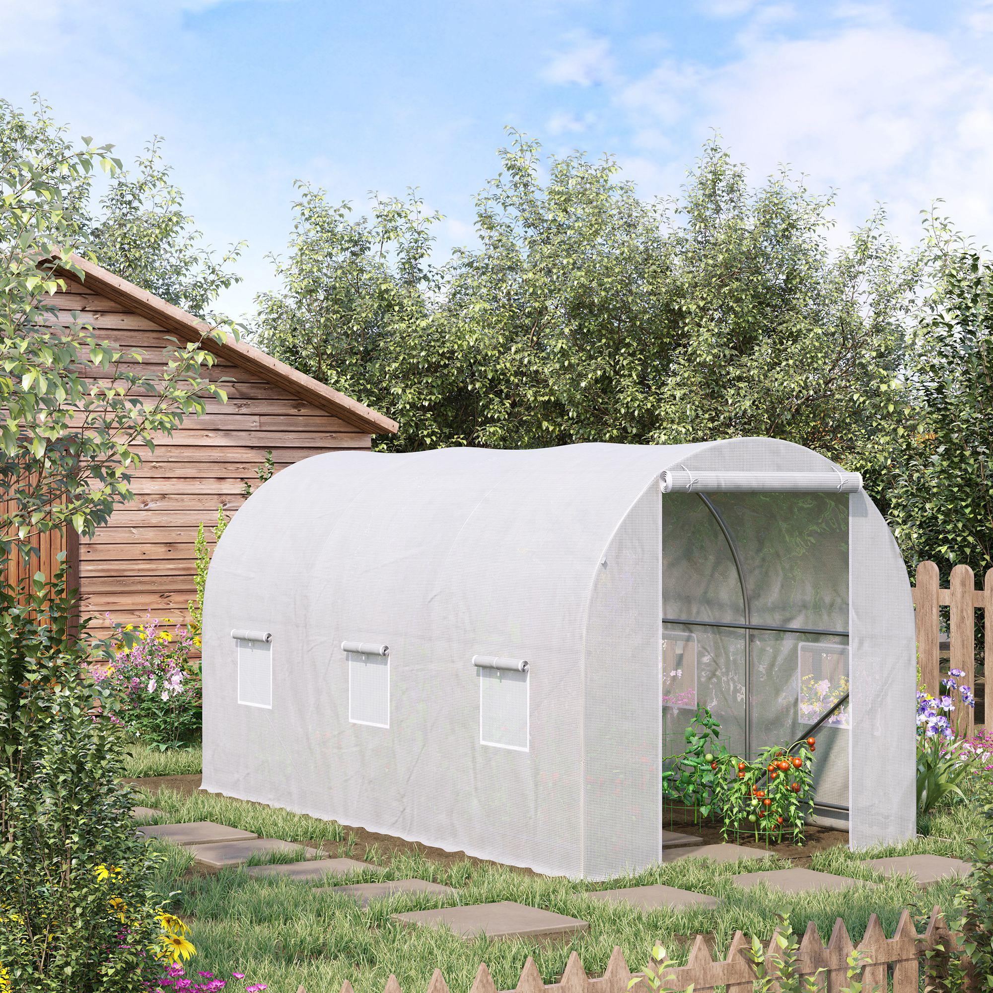 Gewächshaus 350x200x200cm Foliengewächshaus Tomatenhaus mit Tür, Fenster, Folientunnel aus verzinktem Stahl, Pflanztunnel, Treibhaus inkl. Erdanker Seilen, Gartentunnel, Weiß