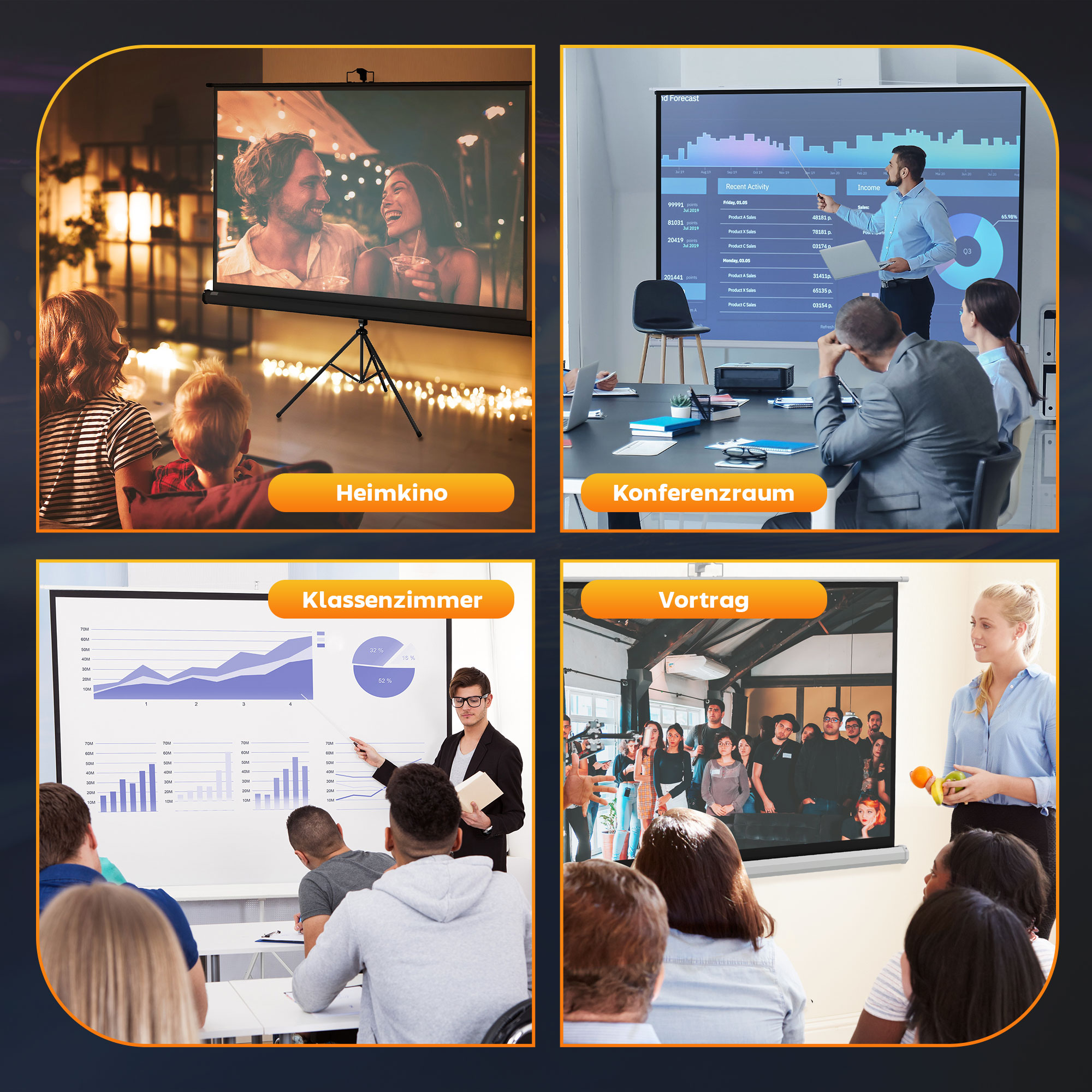 Beamer Leinwand mit Stativ 221 x 124 cm 100 Zoll 16:9 HD 4K Rollo-Leinwand