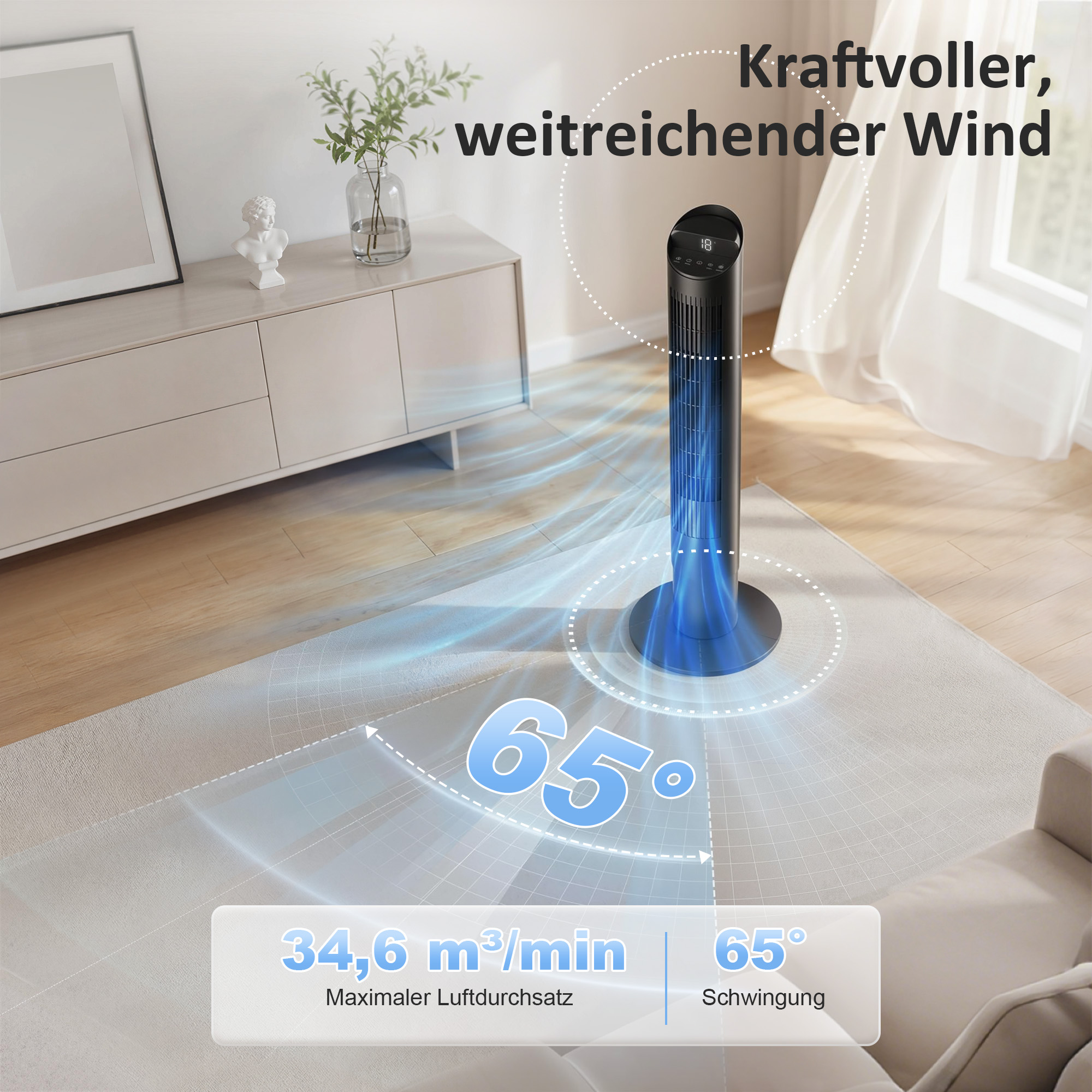 116 cm Turmventilator, Standventilator mit Fernbedienung WiFi App-Steuerung, 65° Oszillation 6 Geschwindigkeiten 4 Modi