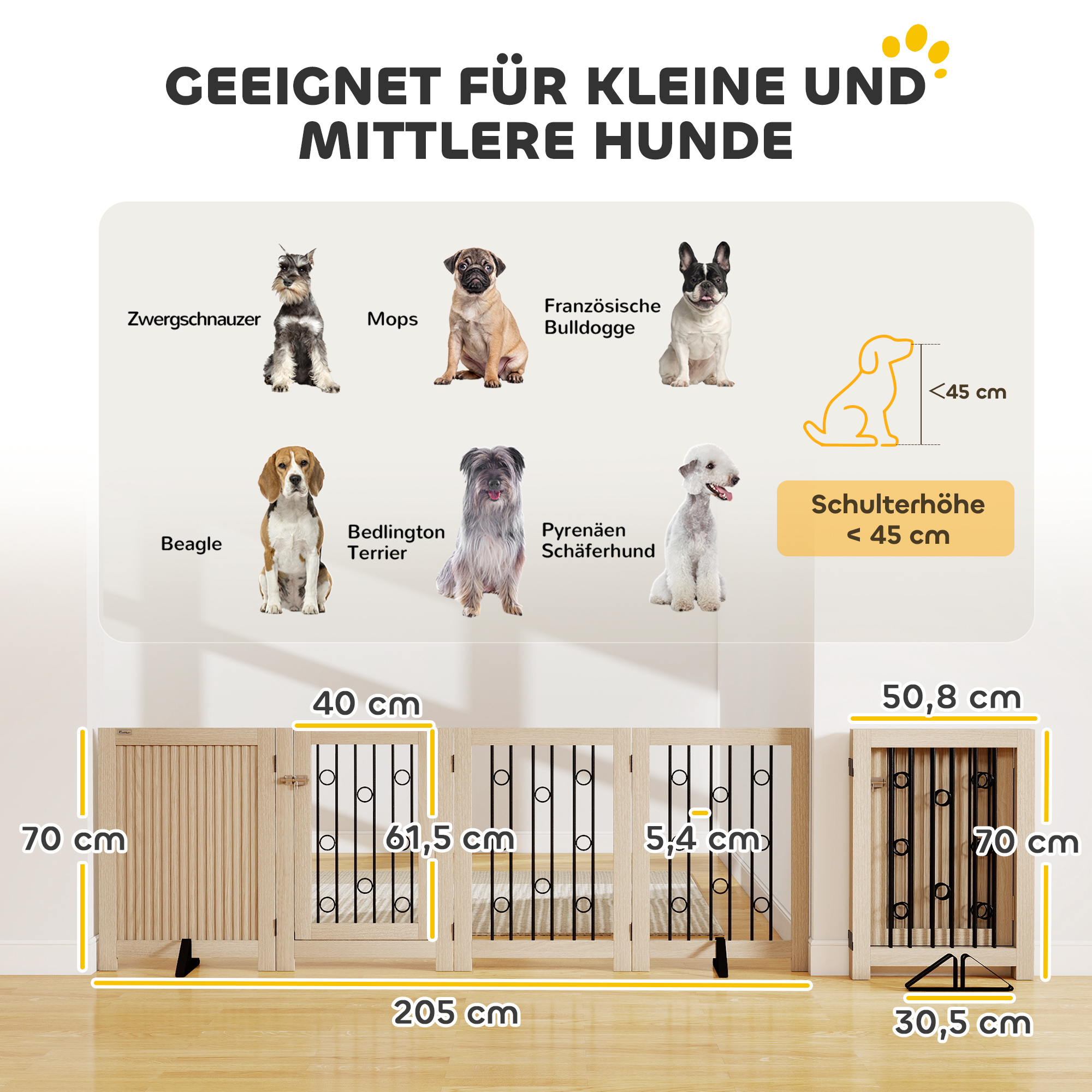 freistehendes Haustiertor, Hundegitter mit Tür, 4 Paneele, für Flur, Treppe, Türrahmen, MDF, Stahl