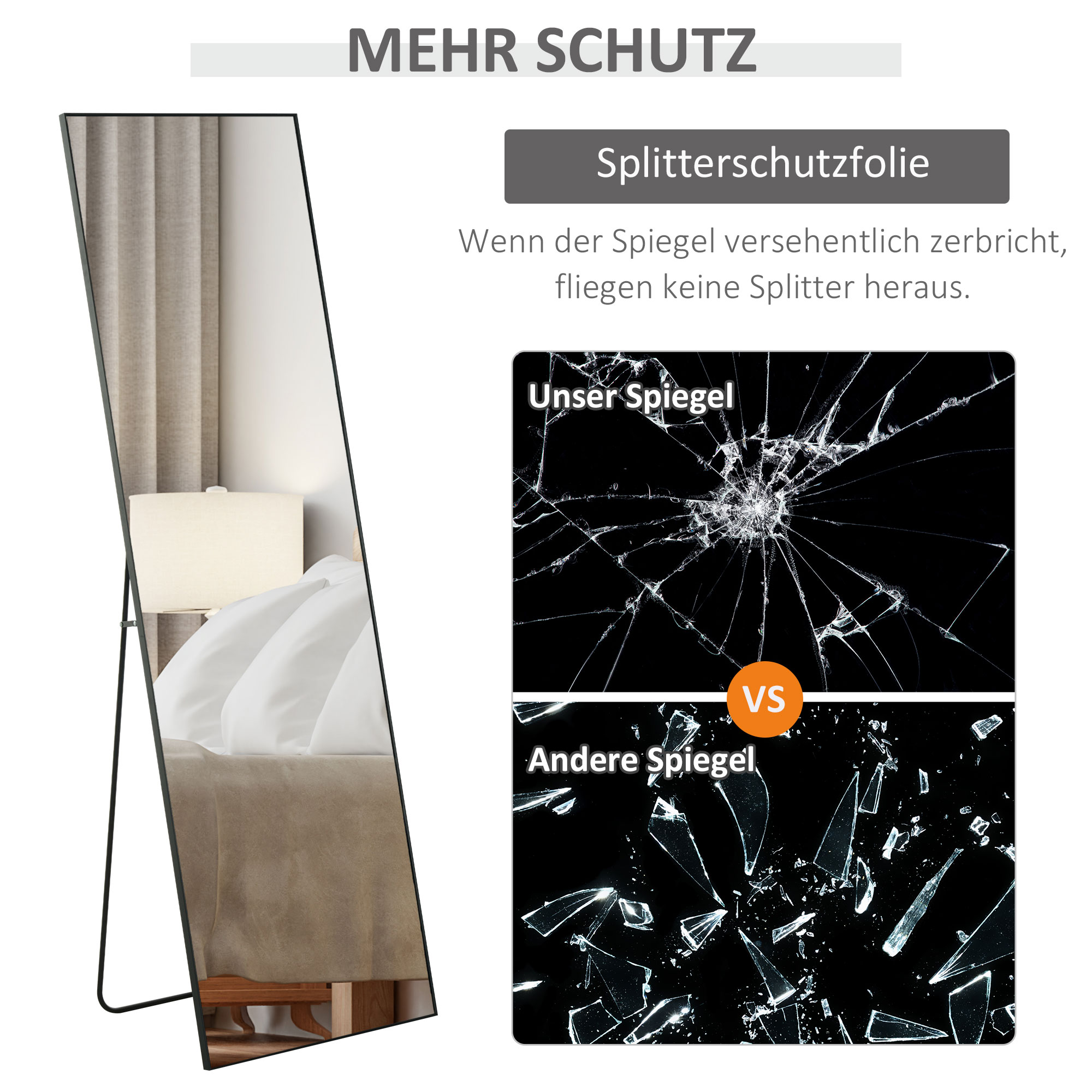 Großer Standspiegel, Wandspiegel, Ganzkörperspiegel, 161,5 cm, Silber