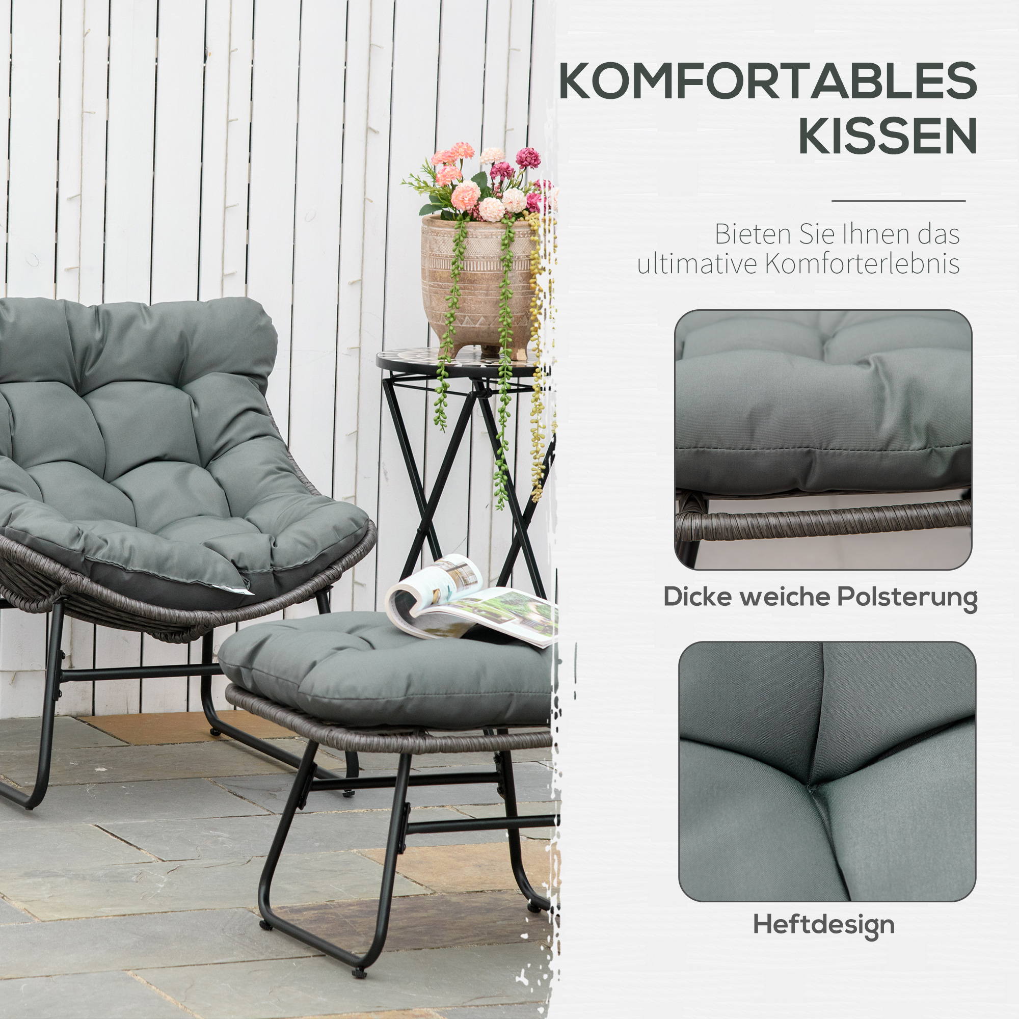 Rattan Relaxsessel mit Fußhocker, Gartensessel mit dicke Kissen Outdoor Rattanstuhl Gartenstuhl für Garten, Balkon, Terrasse Grau