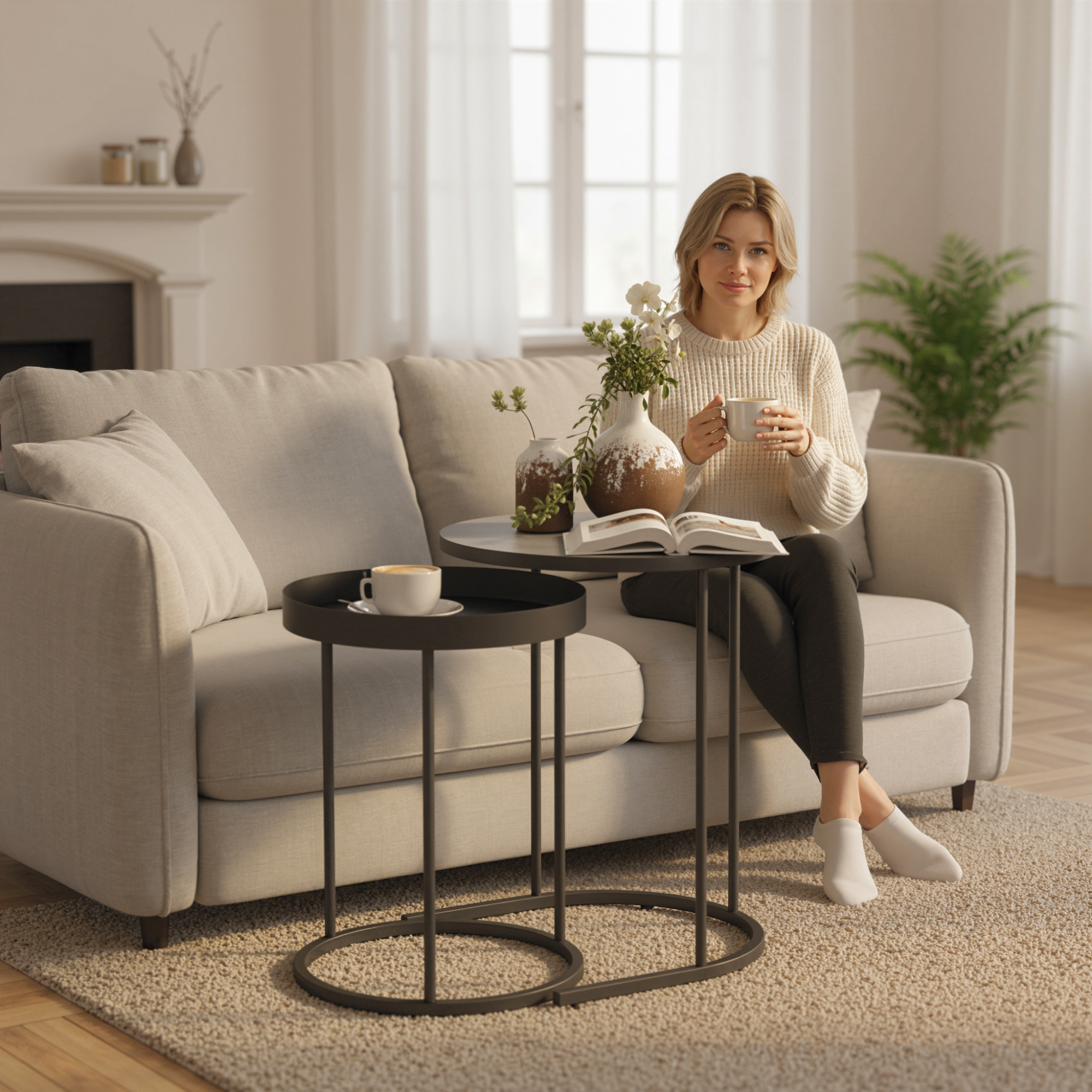 2er-Set Wohnzimmertische, ineinander verschiebbar, Tablett-Design, Metall, Grau