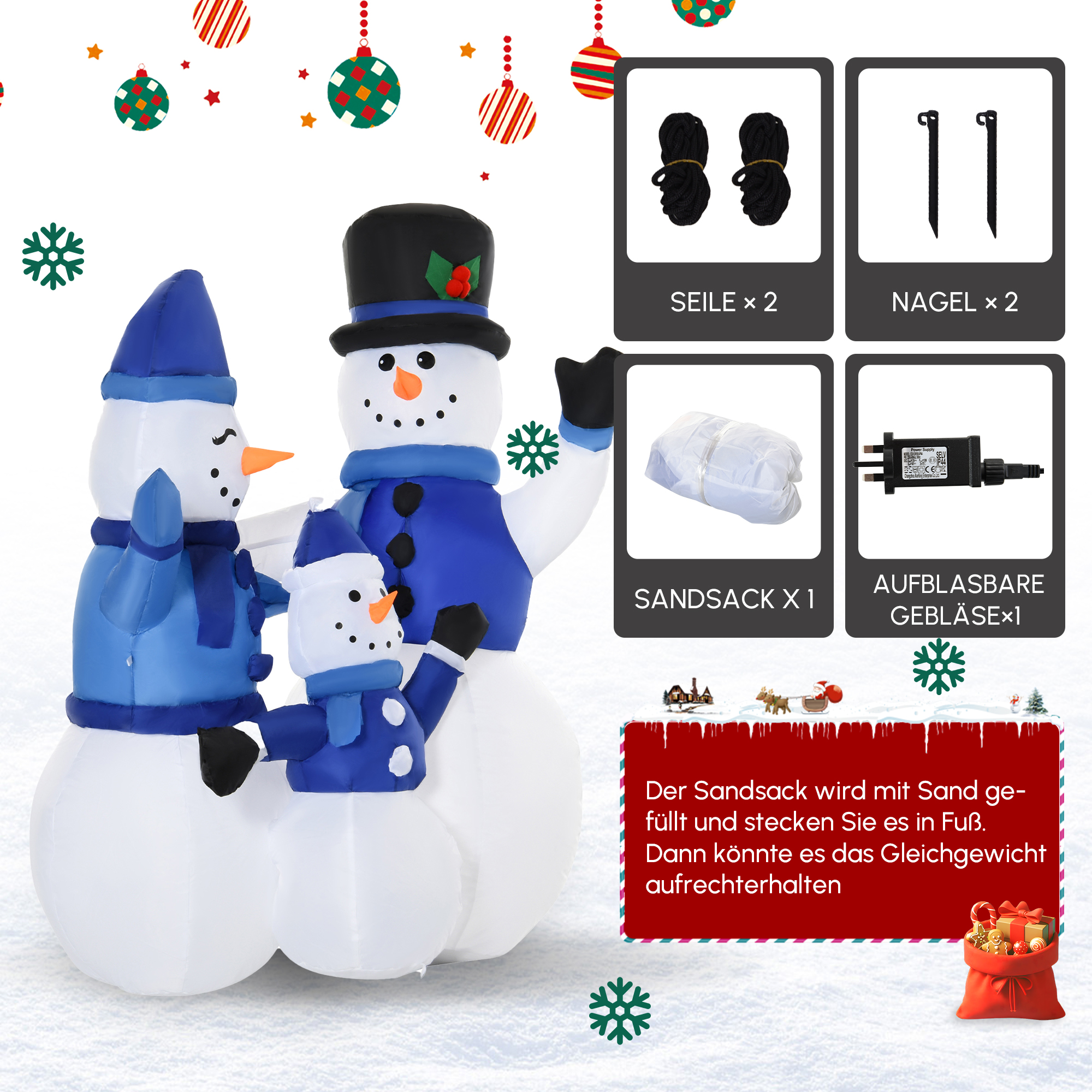 Schneemänner Schneemann Weihnachtsdekoration, LED-Lichter, 1,8 m, inkl. Gebläse, selbstaufblasend