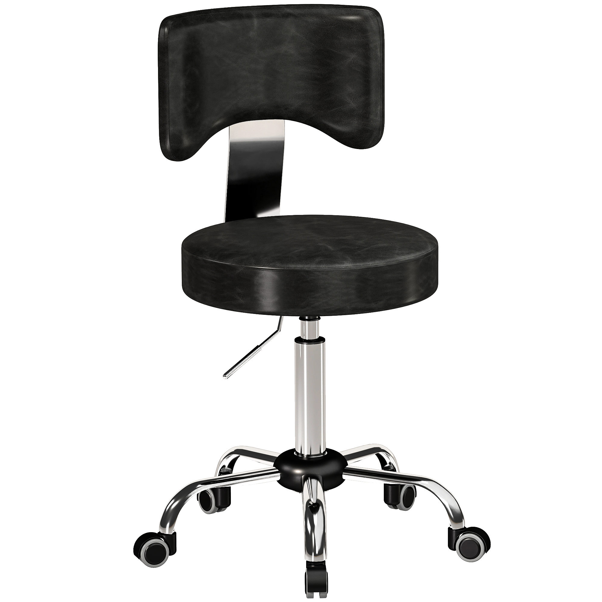 Rollhocker, höhenverstellbarer Salonstuhl aus PU-Leder mit Polstersitz, Rückenlehne und Rollen, Schwarz