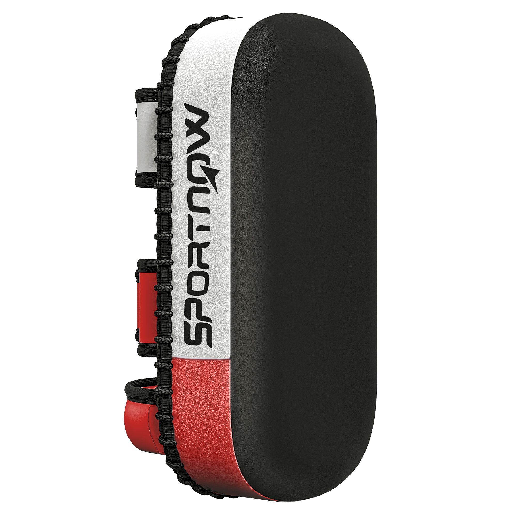 Kickpolster fürMuay Thai, Kickboxen, Kunstlederbezug, 0,4 kg, 38x20x18 cm, Schwarz/Rot/Weiß