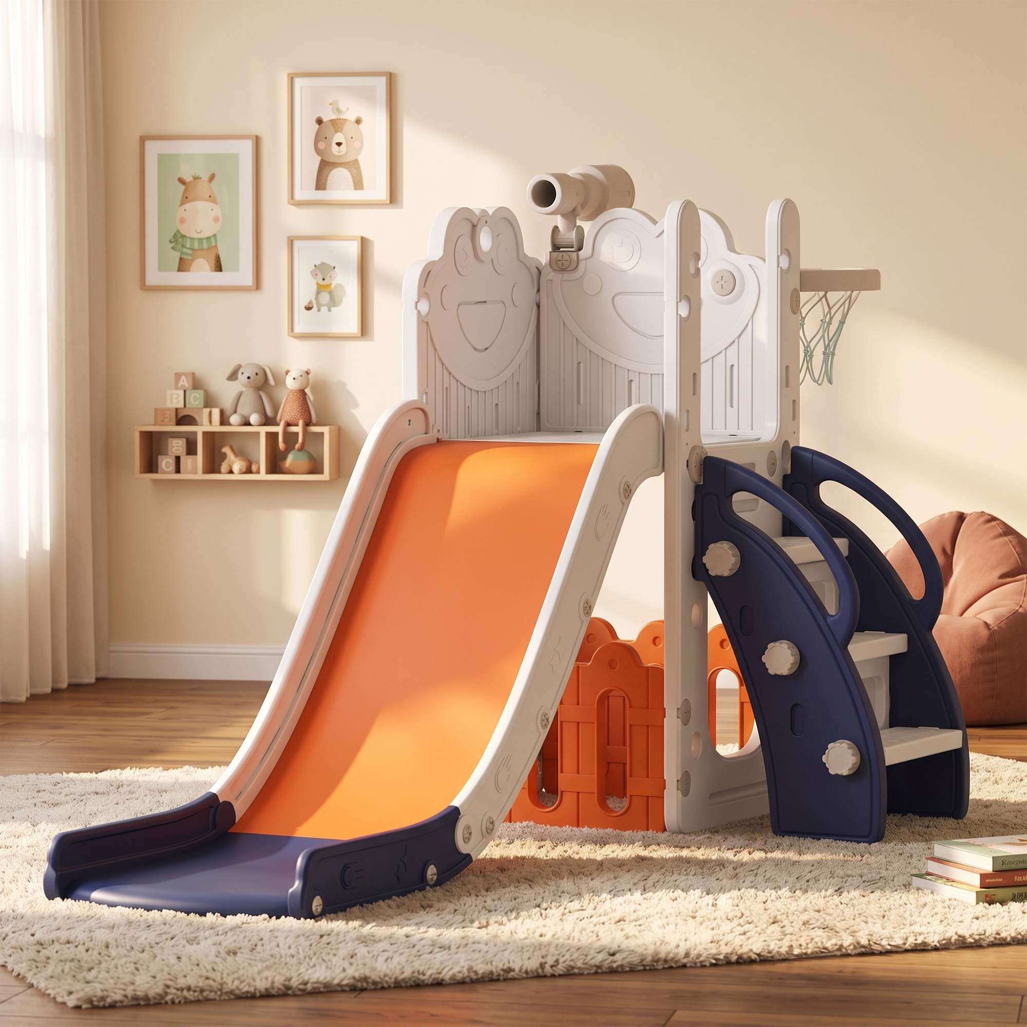 5-in-1 Kinderrutschenset, Teleskop, Basketballkorb, Kunststoff, Orange+Dunkelblau