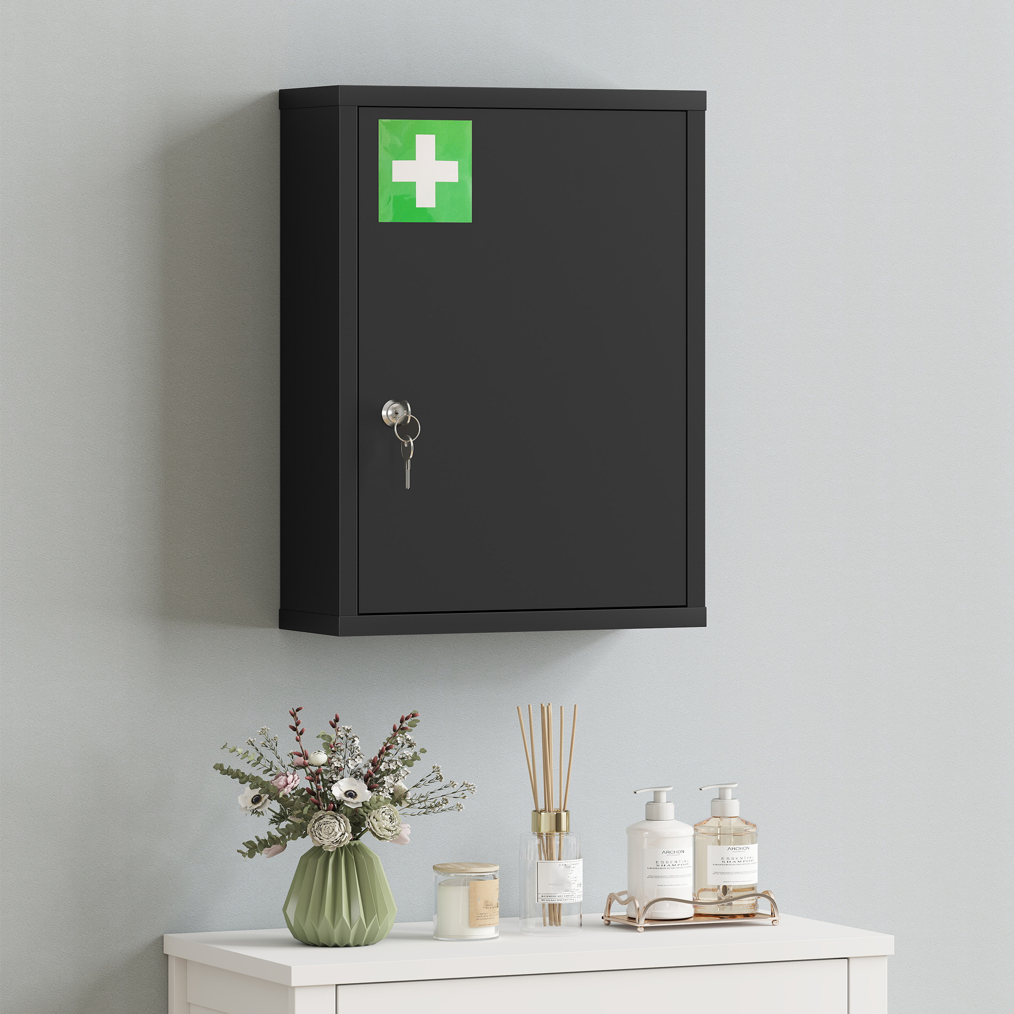 Medizinschrank zur Wandmontage mit Schloss, 3-stufiger Stahl-Wandschrank, 40 x 15 x 53,5 cm, Schwarz