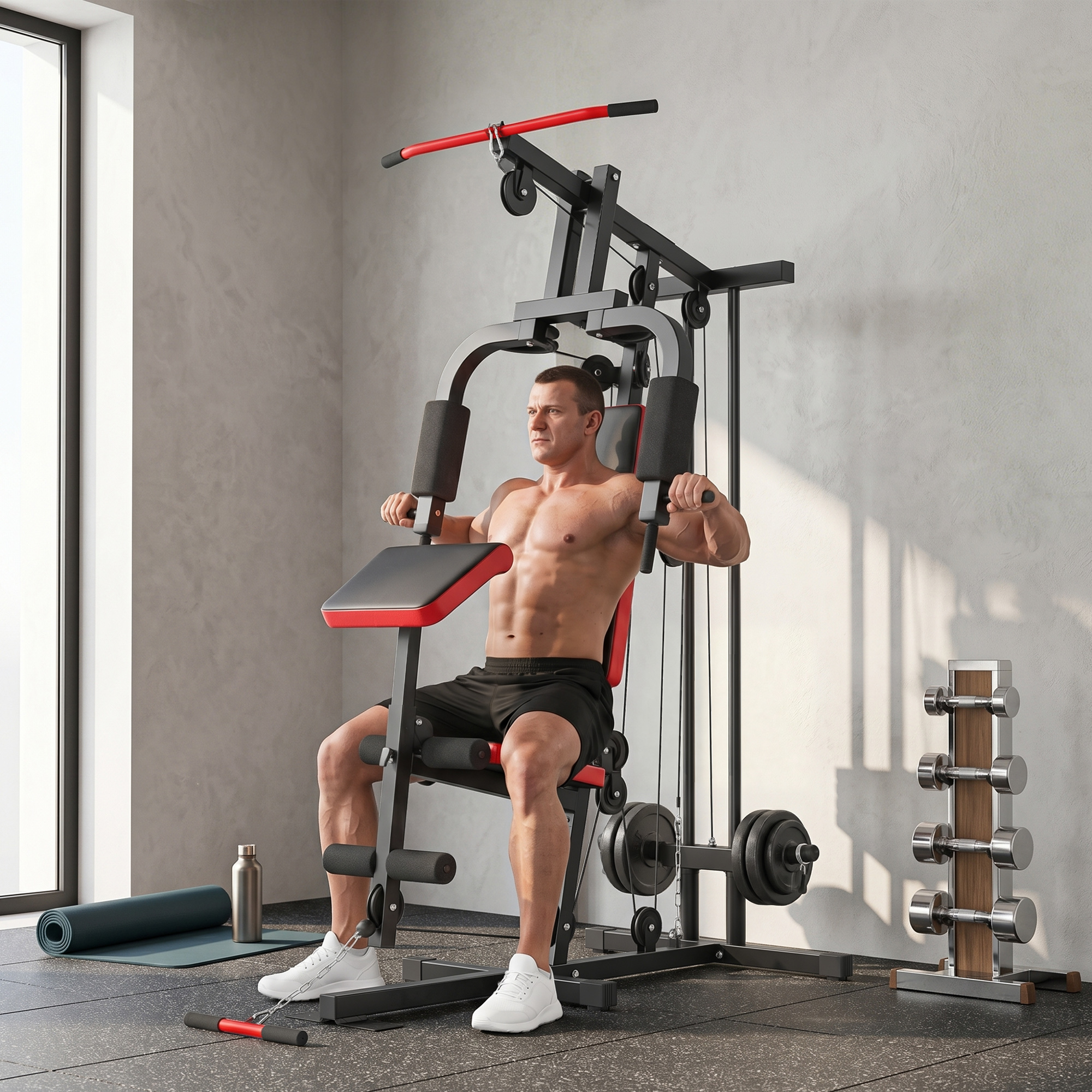 Kraftstation Fitnessstation mit Latzug, Butterflystange, verstellbar Preacher Bank, Beintrainer, bis 120kg Schwarz+Rot