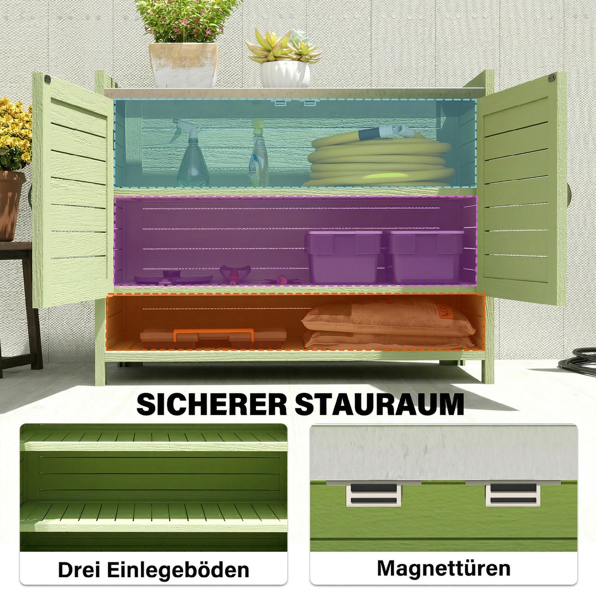 Pflanztisch mit Unterschrank aus Holz Outdoor Gartenschrank mit verzinkter Arbeitsplatte 3 Regalböden 88x40x70,5cm Grün