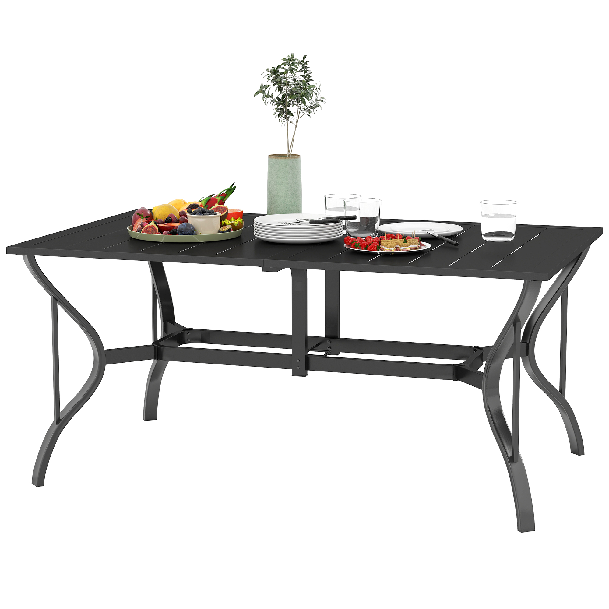 Gartentisch Stahl 150x90 cm Wetterfest Balkontisch mit Schirmloch, Lamellen-Design für 6 Personen Schwarz