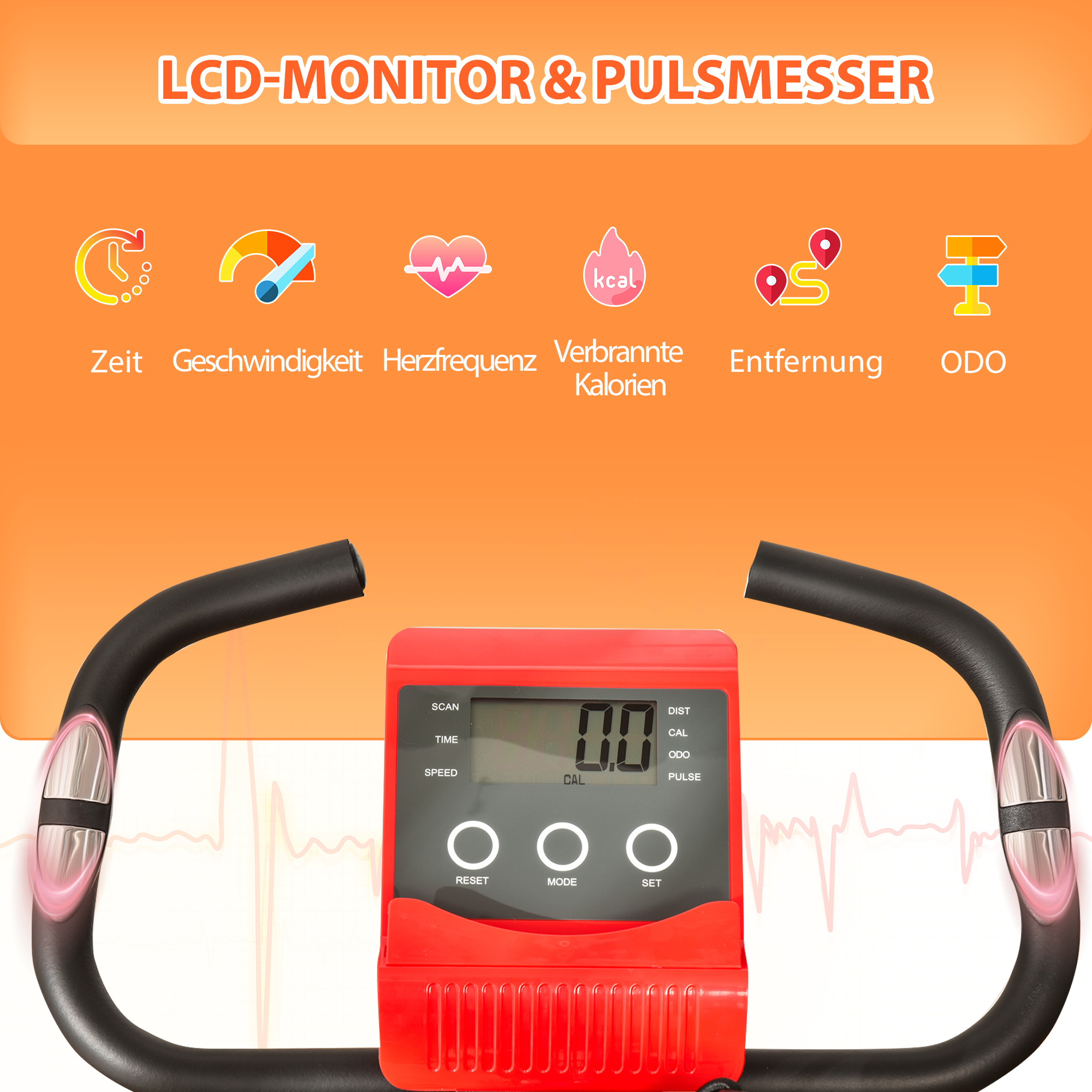 Heimtrainer 2-in-1 Fahrradtrainer mit LCD-Display Pulsmesser verstellbar Sitz Räder, klappbarer Hometrainer Trimmrad mit 8 stufig Magnetwiderstand, Spannseil, Stahl