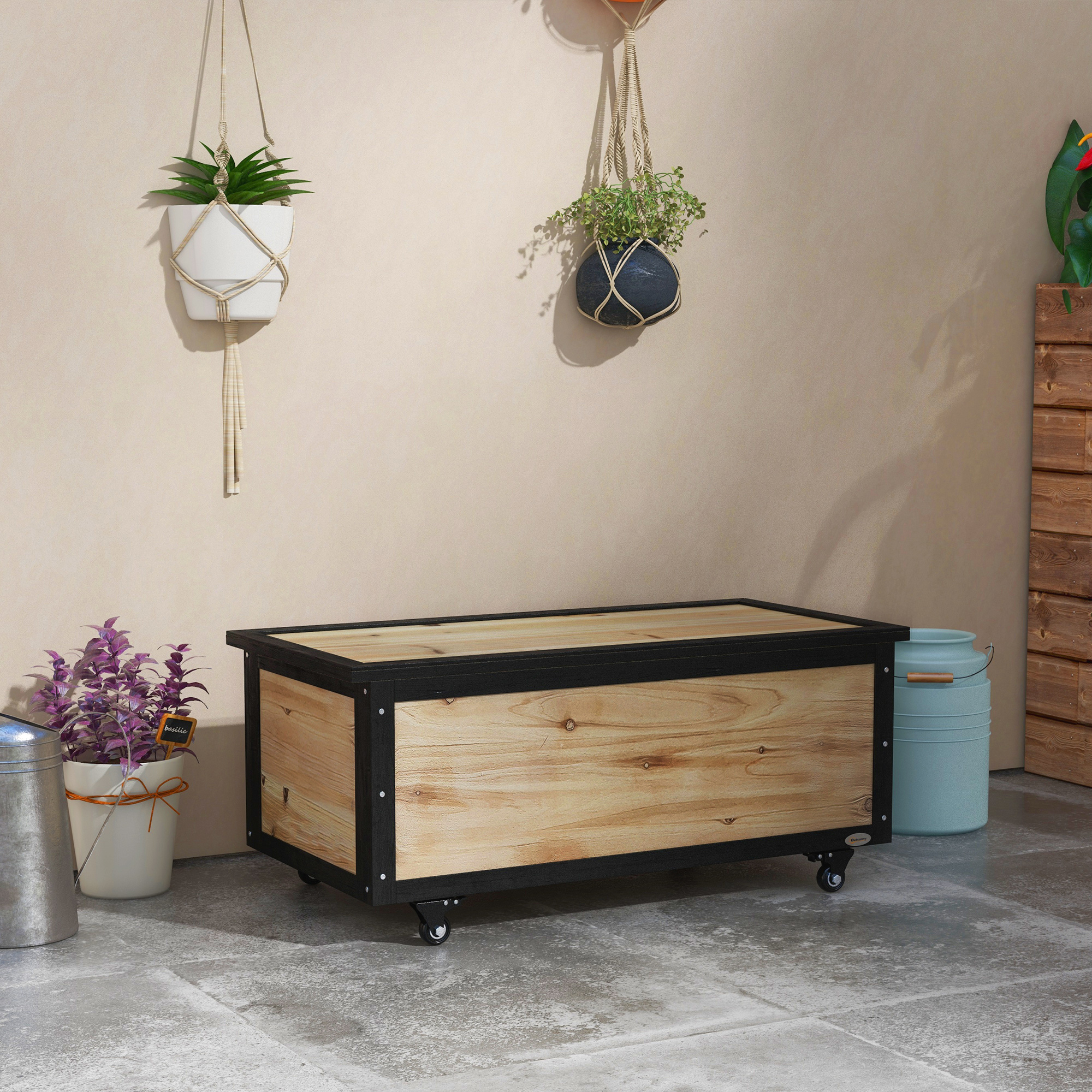 Garten-Aufbewahrungsbox, 121 Liter, 2 Räder, wetterfest, Metallscharniere, Naturholz, 100x50x43 cm