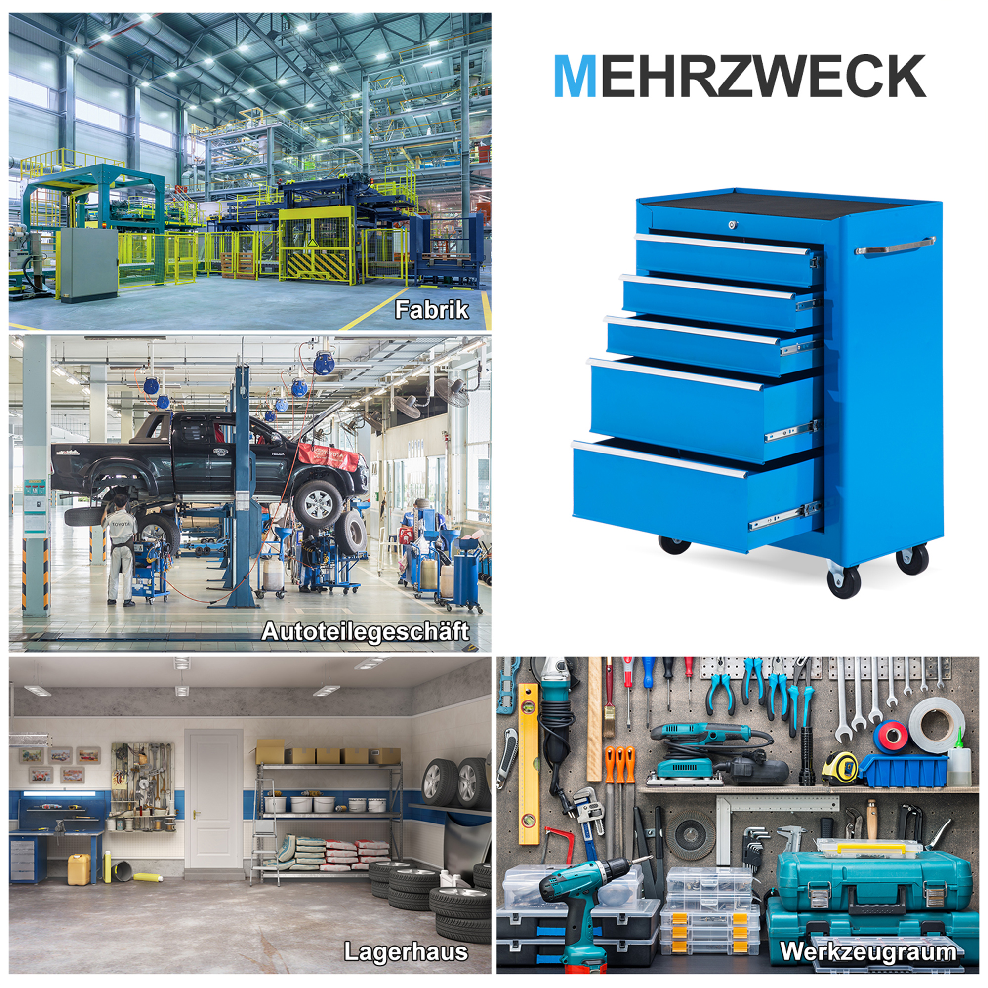 Werkzeugschrank, Werkzeugkiste, 5 Schubladen, rollbar, Stahl, Blau