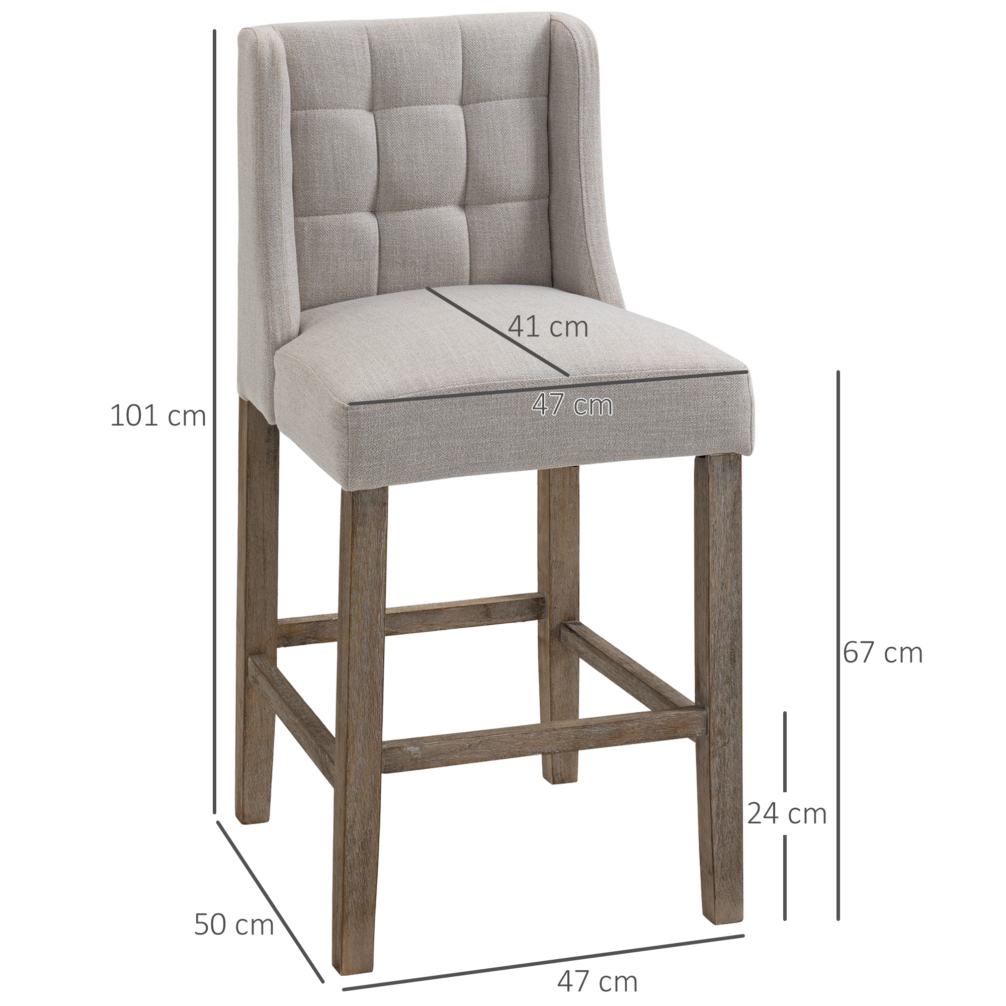 2er-Set Barhocker mit lehne Barstühle mit Knopfheftung, Massivholz, inkl. Fußstütze, 47 cm x 50 cm x 101 cm, Grau + Natur