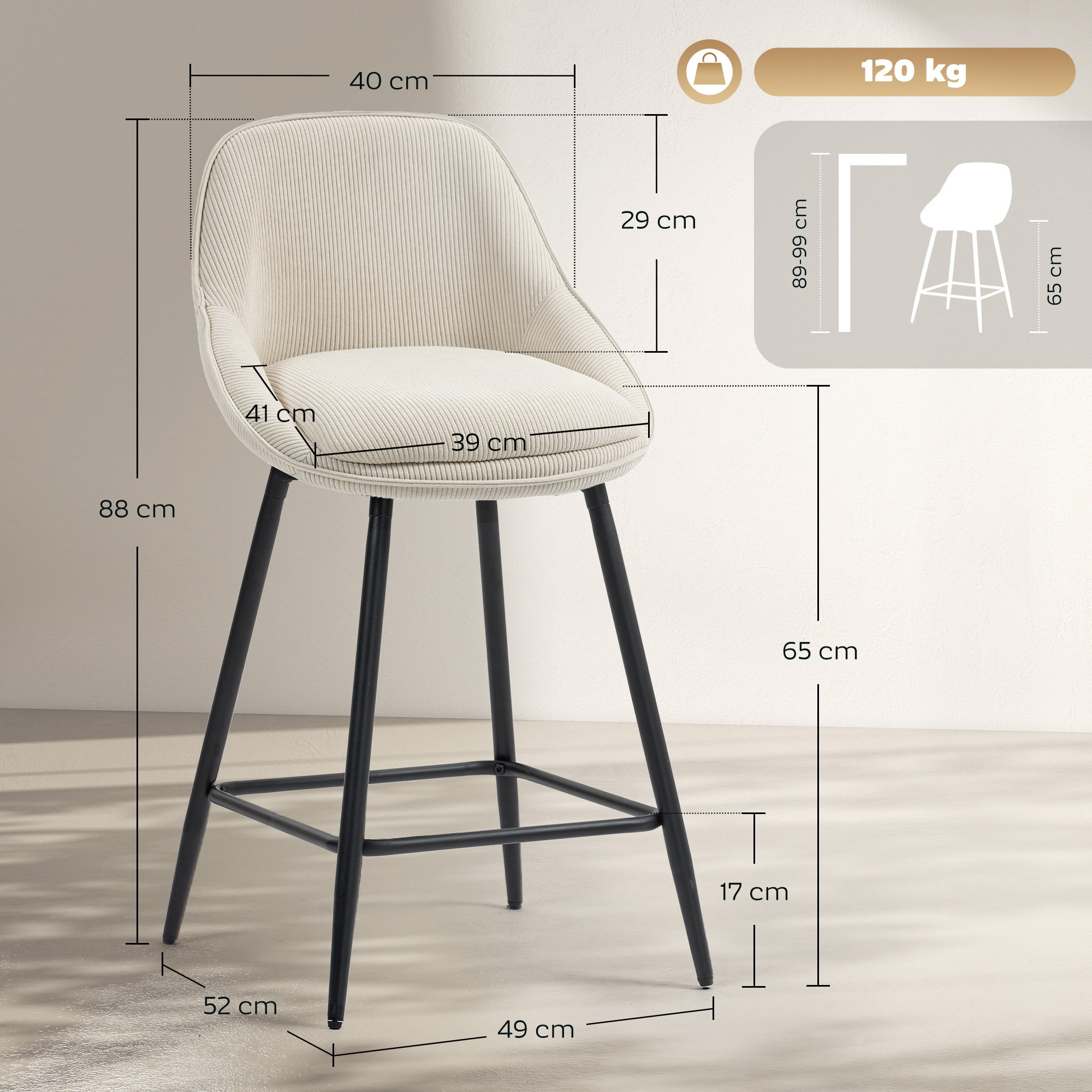 2er-Set Barstühle mit Cordbezug und Stahlbeinen, Polsterstühle für Kücheninsel, Esszimmer, Creme