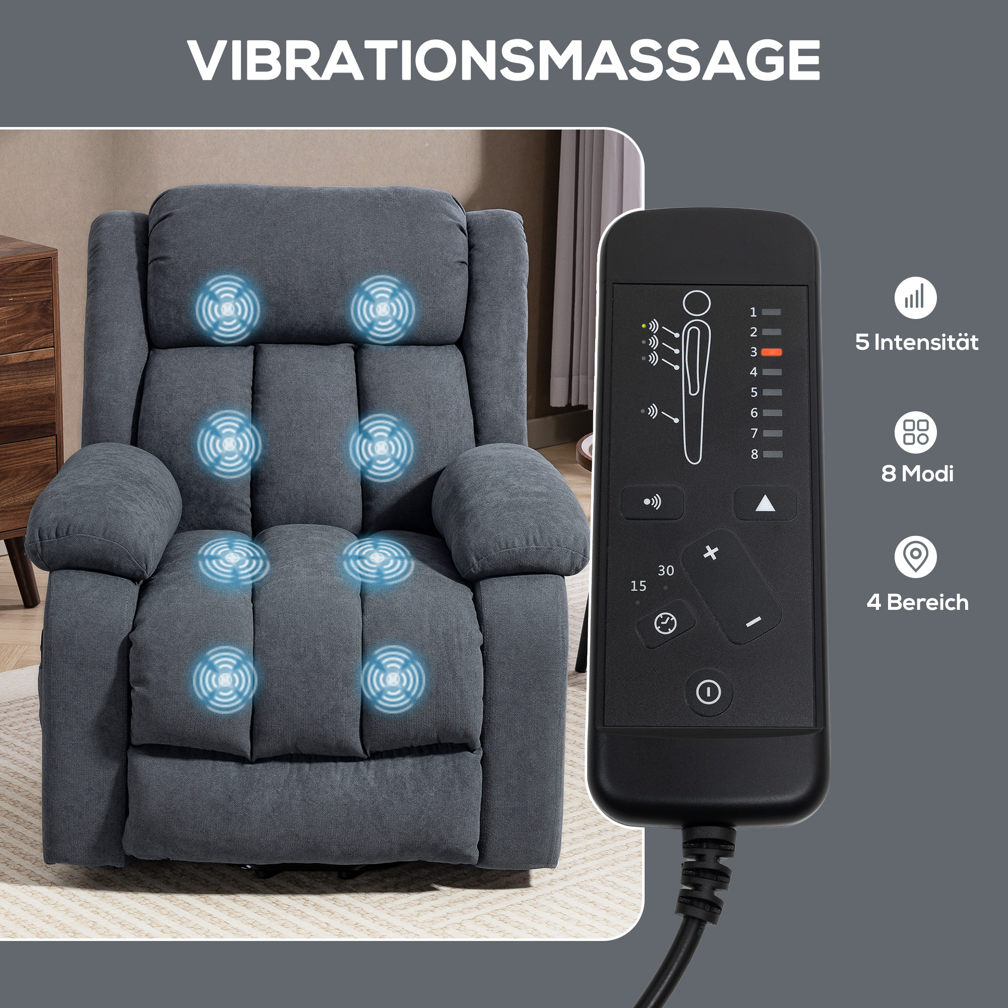 Fernsehsessel mit Aufstehhilfe Elektrisch Relaxsessel mit Liegefunktion, Massagefunktion, 93x91x103 cm, Dunkelgrau