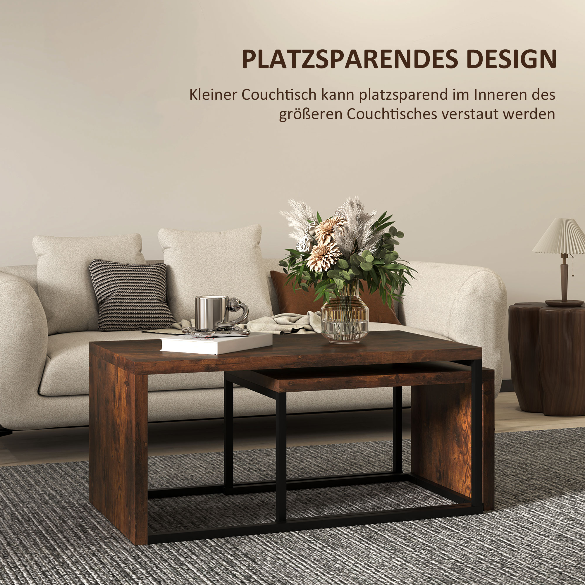 2er-Set Couchtisch, Sofatisch, Beistelltisch, Spanplatte, Metall, 90 x 48 x 42 cm/59 x 42 x 36 cm, Schwarz+Braun