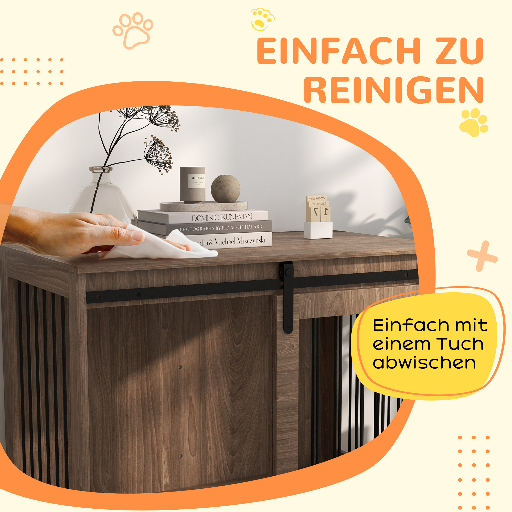 Hundebox Hundekäfig, Verriegelbar, Holzoptik, rustikales Design, 98 cm x 58 cm x 67 cm, Walnuss + Schwarz