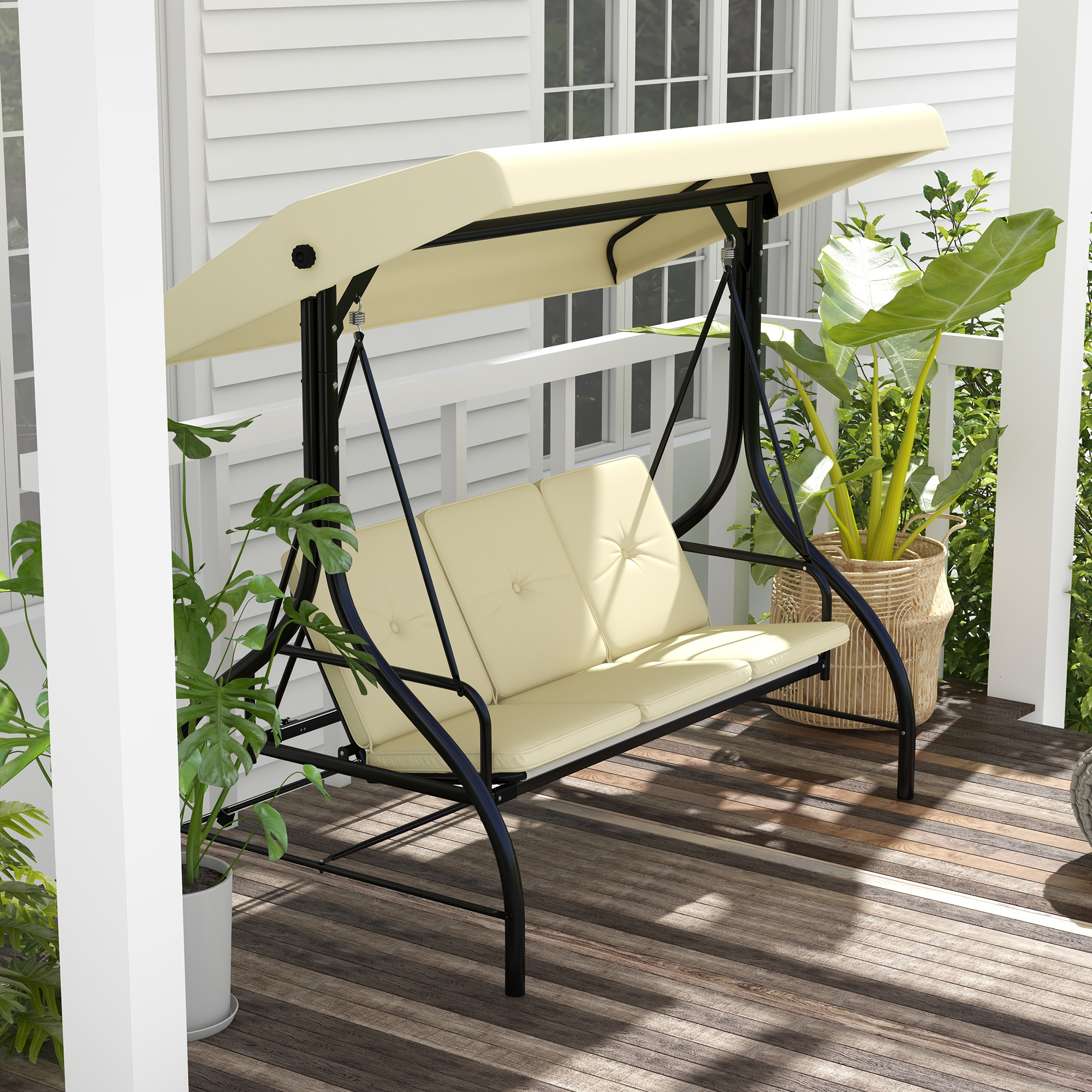 Schaukelbank, Hollywoodschaukel mit Sonnenschutz, Gartenschaukel, Verandaschaukel, 3 Sitze, Schaukelbett
