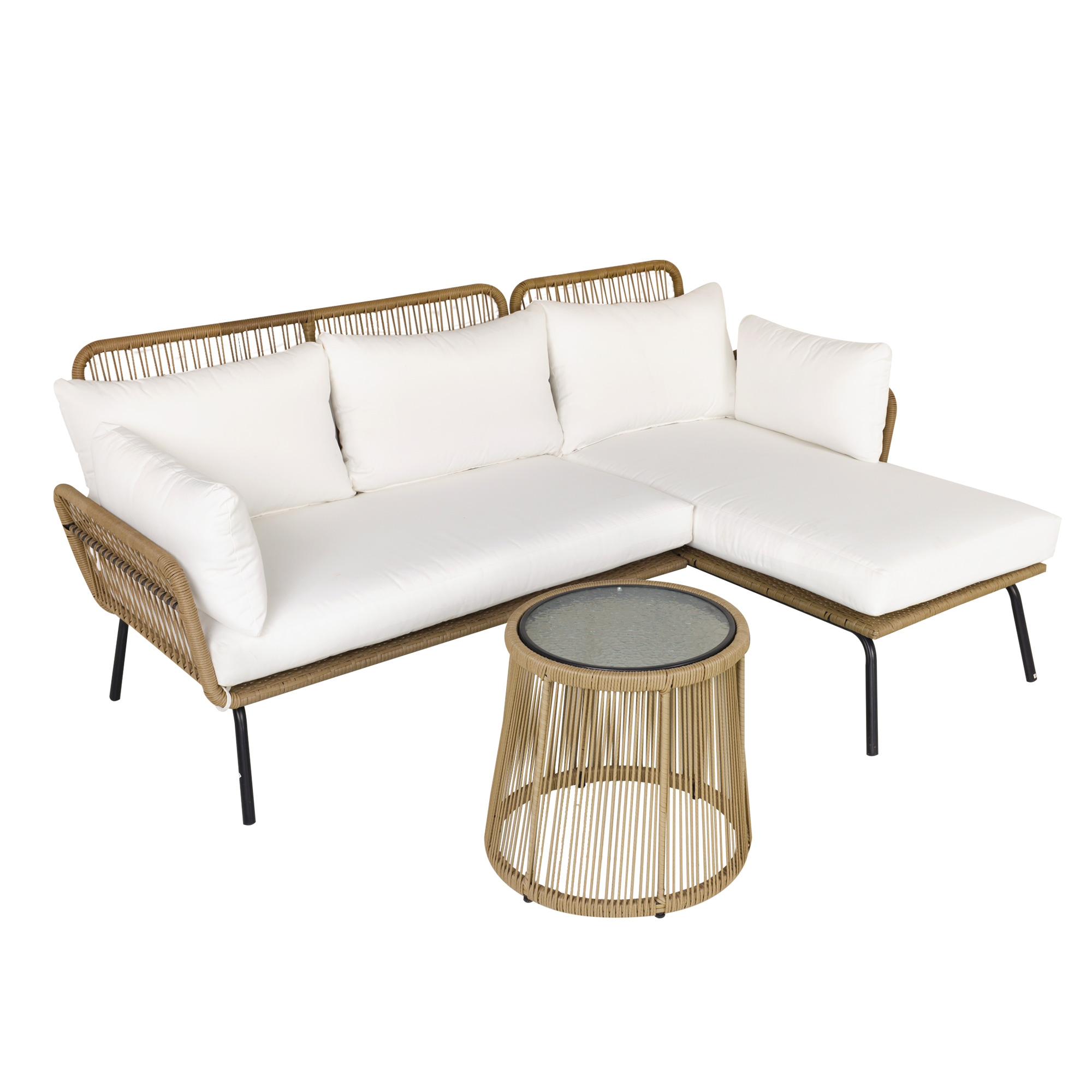 3 tlg. Rattan Gartenmöbel-Set, PE-Rattan, 1 Ecksofa, 1 Liege, inkl. Kissen, wetterbeständig, Kaffee +Creme