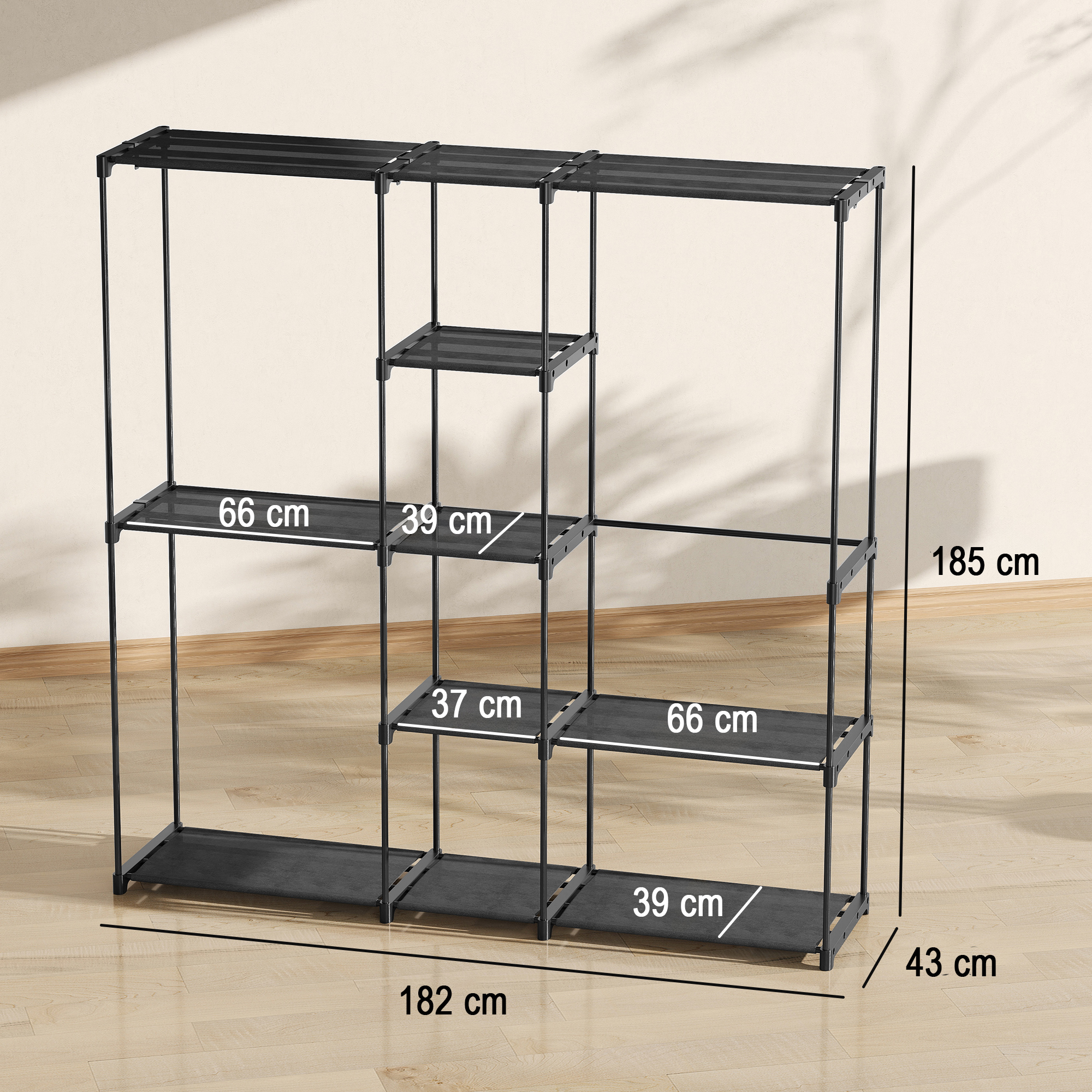 Kleiderschrank offen, 4 Stock Kleiderständer mit 2 Hängefächern für Wohnzimmer, 182 x 43 x 185 cm, Schwarz