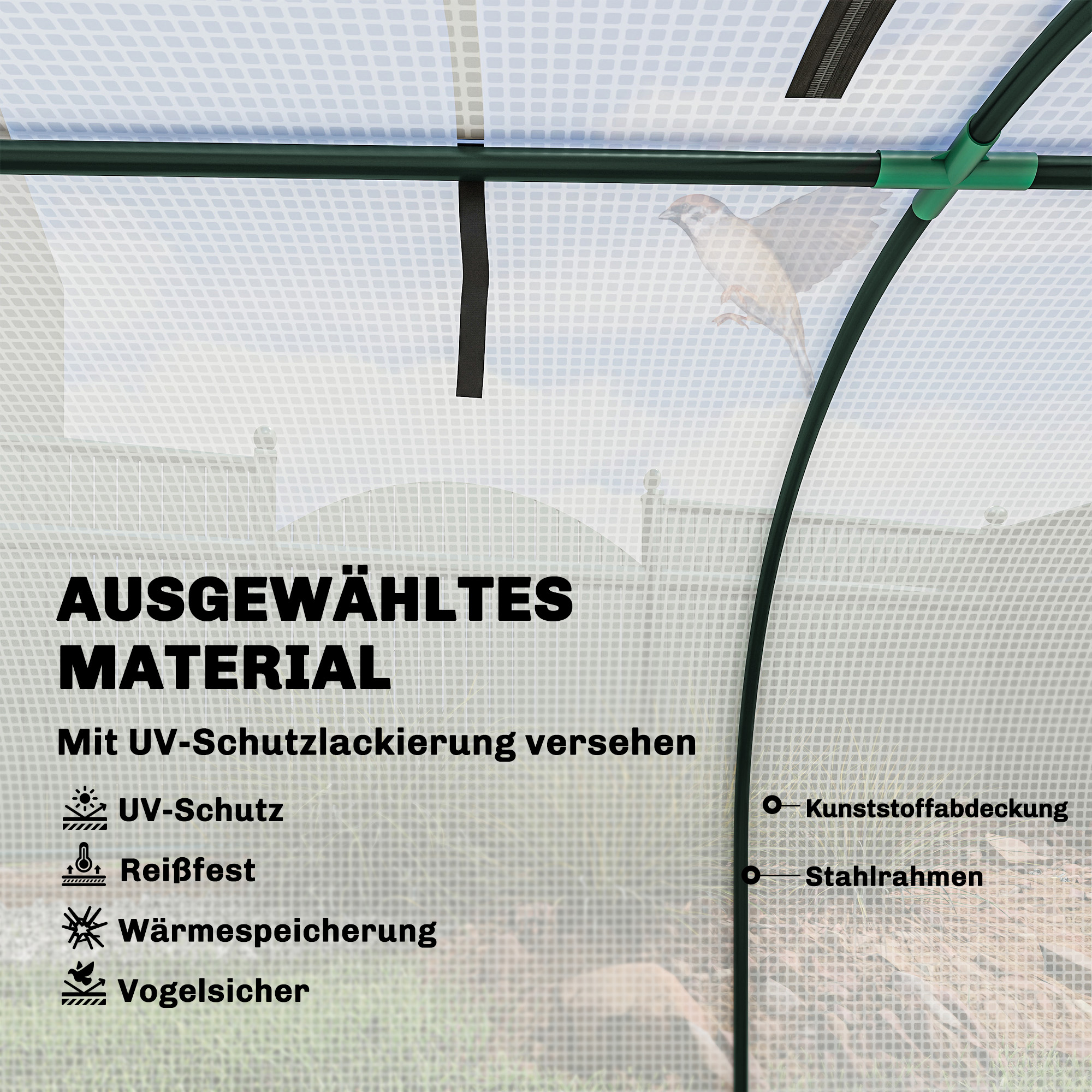 Gewächshaus, winterfest Foliengewächshaus mit aufrollbaren Reißverschlusstür 395 x 100 x 80 cm Weiß