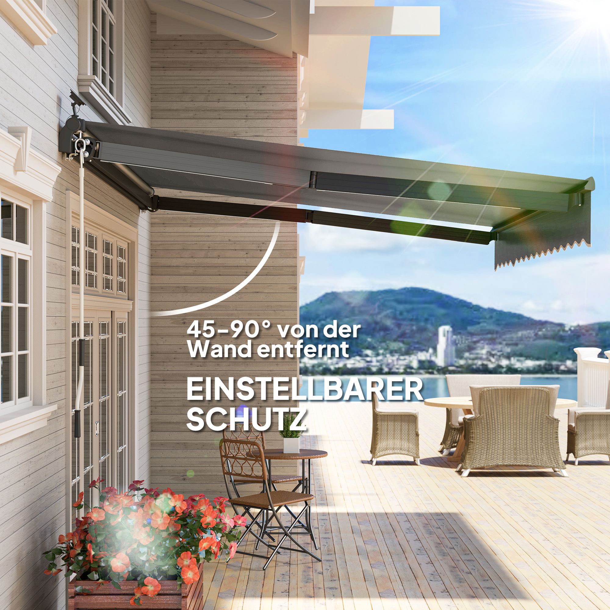 Klemmmarkise mit Handkurbel Solar-Lichte Gelenkarmmarkise Markise Sonnenschutz UV 50+ 400 cm breit Grau