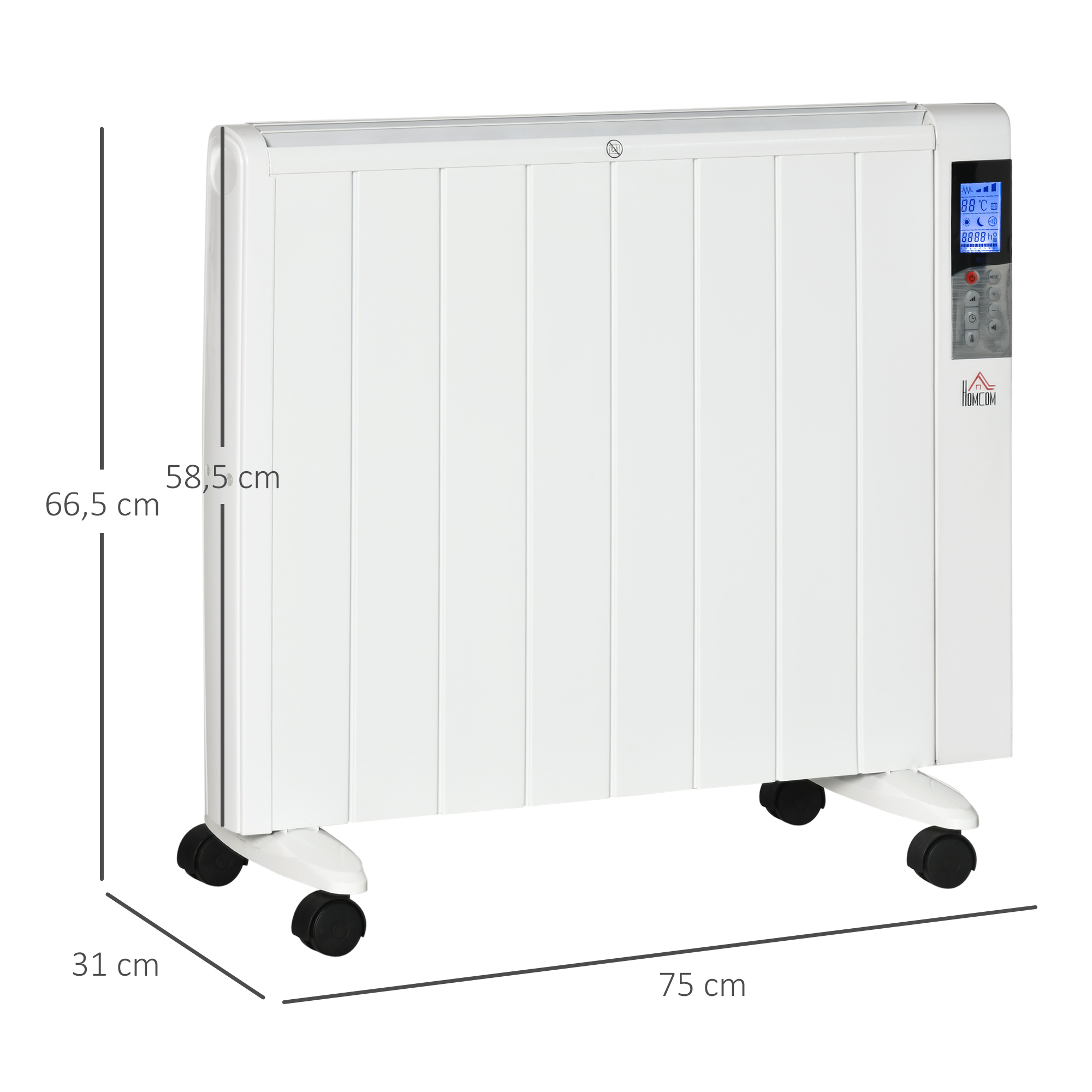 Elektroheizung mit Rollen, 9 vorinstallierte Modi, Wandmontage möglich, 5-35° C, weiß, 75 x 7,5 x 58,5 cm