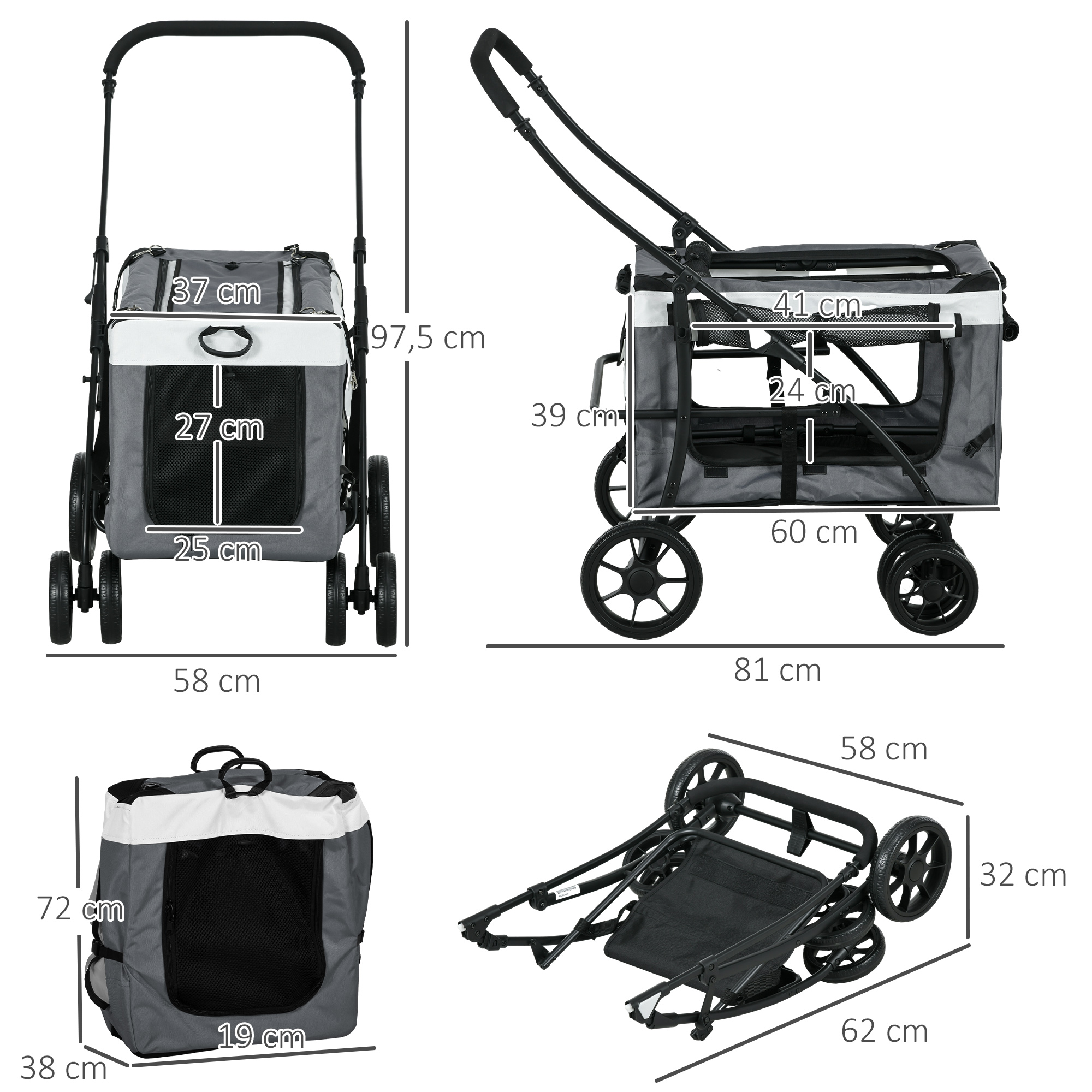 Hundbuggy Haustierbuggy bis 10kg klappbar abnehmbarer Korb 81 x 58 x 97,5 cm Schwarz + Grau + Weiß