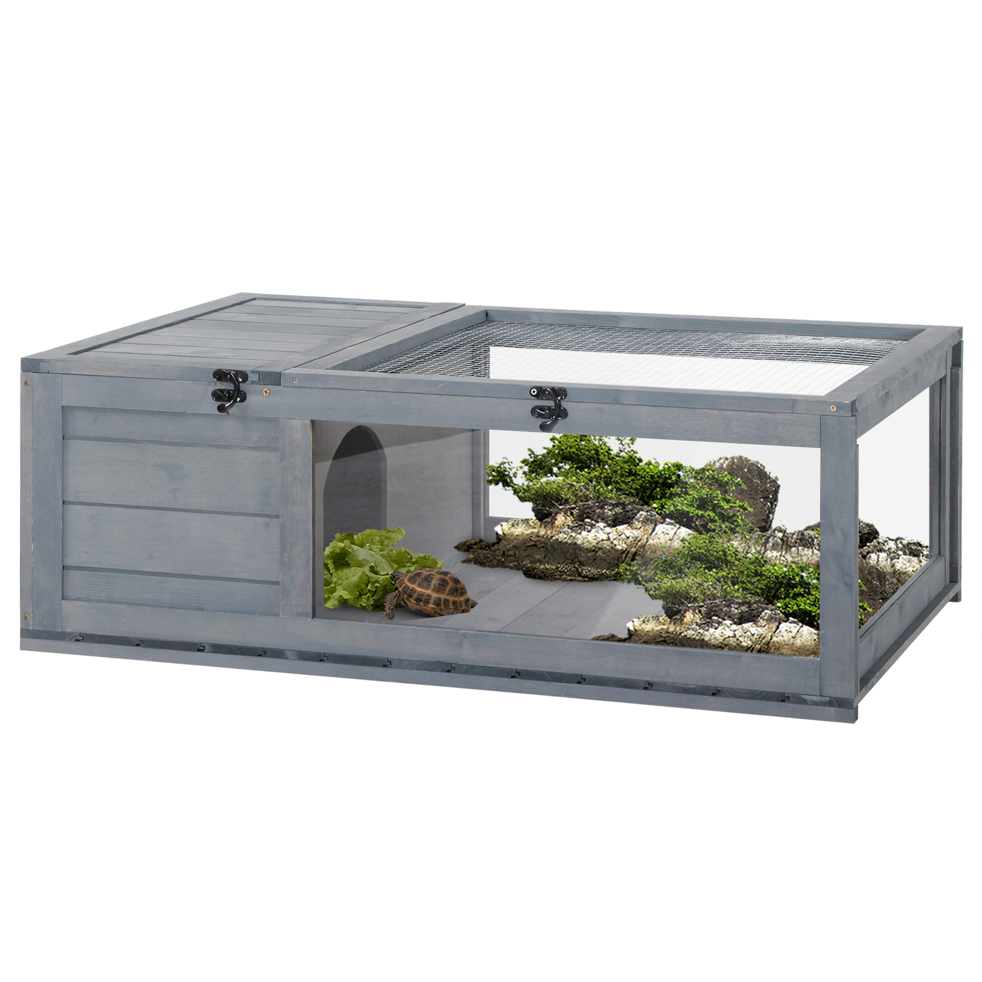 Schildkrötenhaus aus Holz Schildkrötengehege mit Haupthäusern aufklappbarem Oberseite 91x60,5x32 cm, Grau