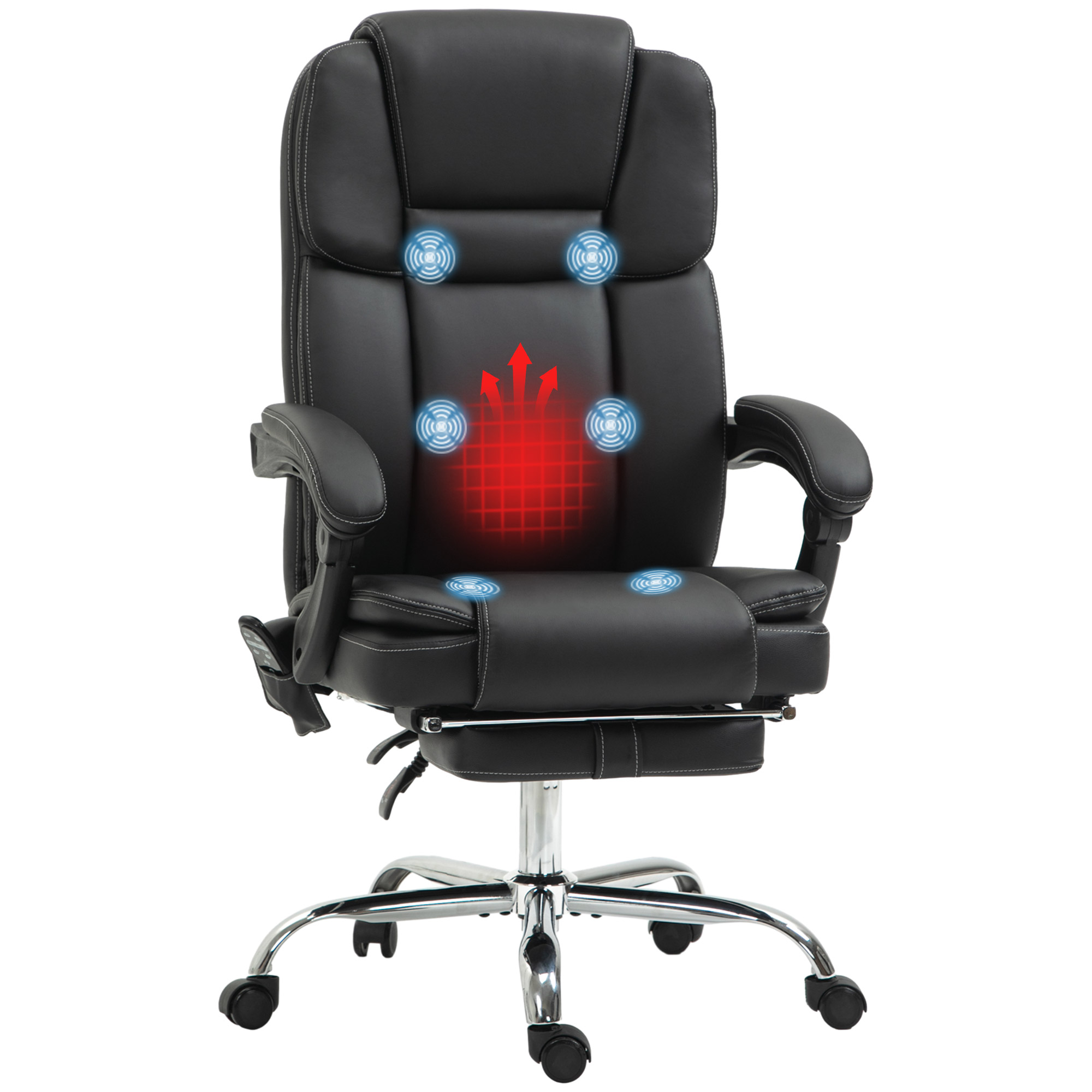 verstellbarer Bürostuhl mit 6 Massagepunkten, Wärmefunktion, Fußstütze, Kunstleder, Schwarz