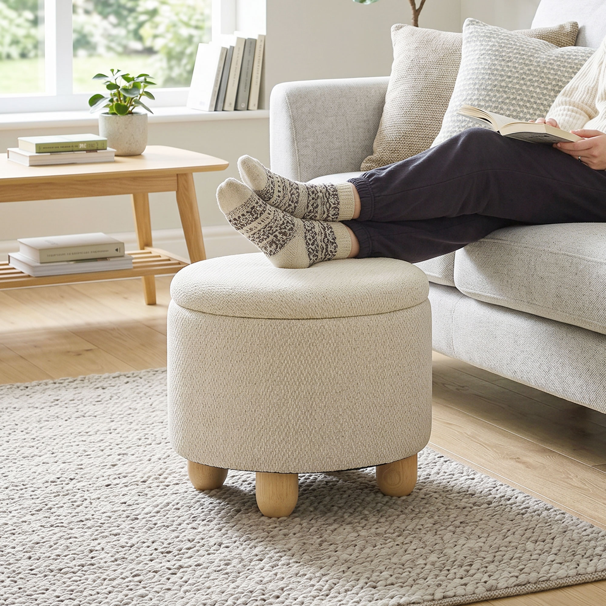 Hocker mit Stauraum, Runder Sitzhocker mit Deckel, Leinenoptik für Wohnzimmer, Schlafzimmer, 38,5x38,5x33,5 cm Beige